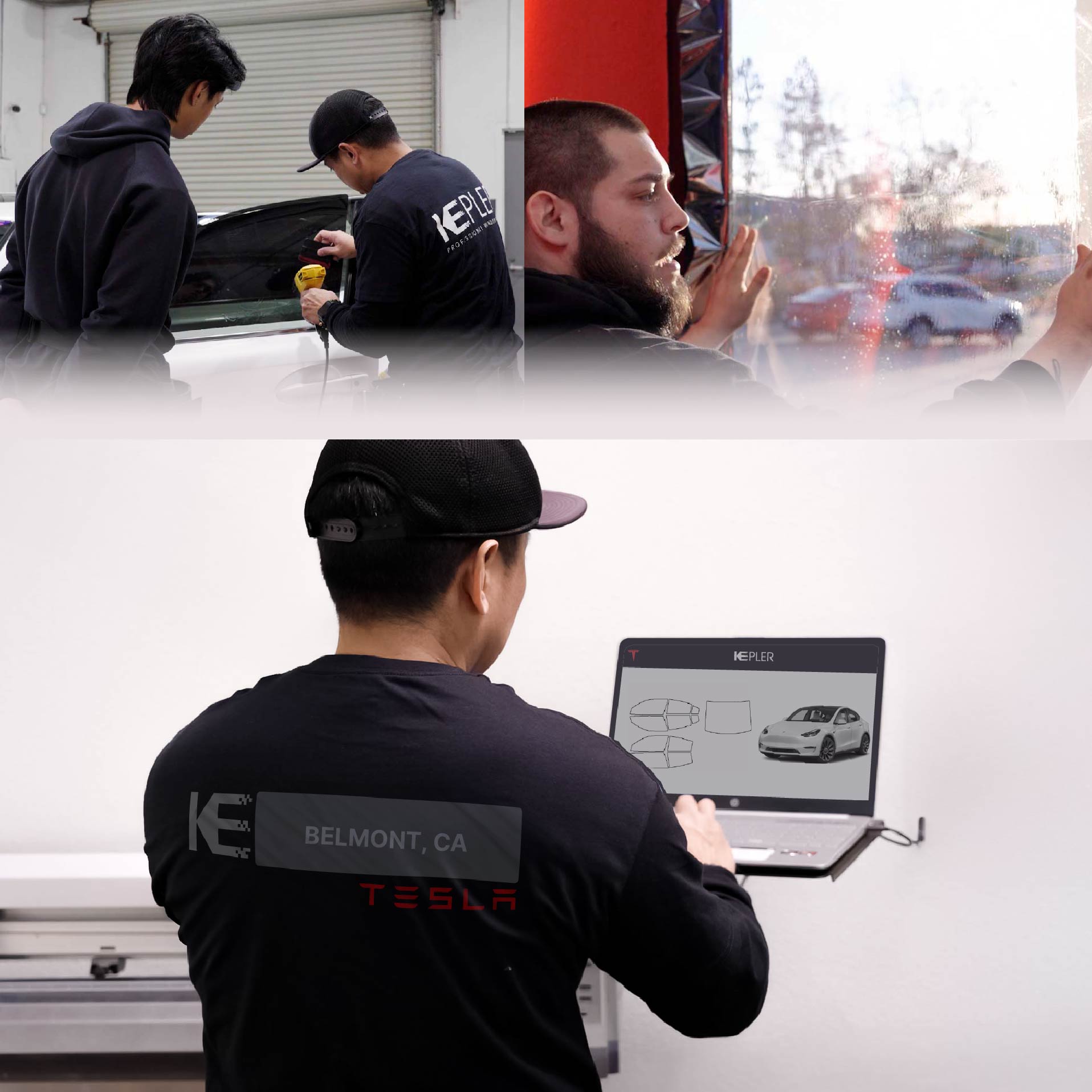 Expert Technician Fitting Ceramic Window Tint to Tesla in Belmont
