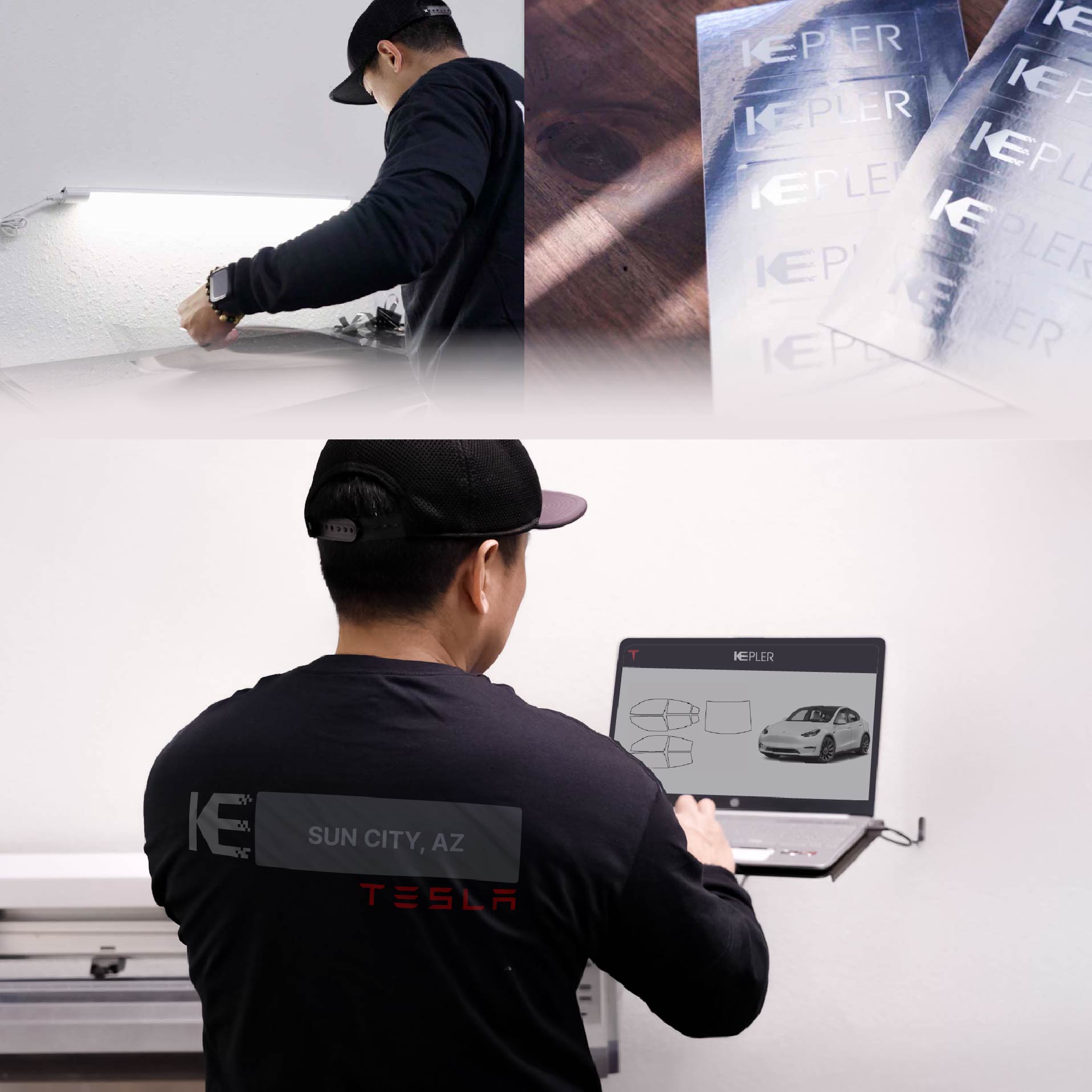 Expert Technician Applying High-tech Window Tint to Tesla in Sun City