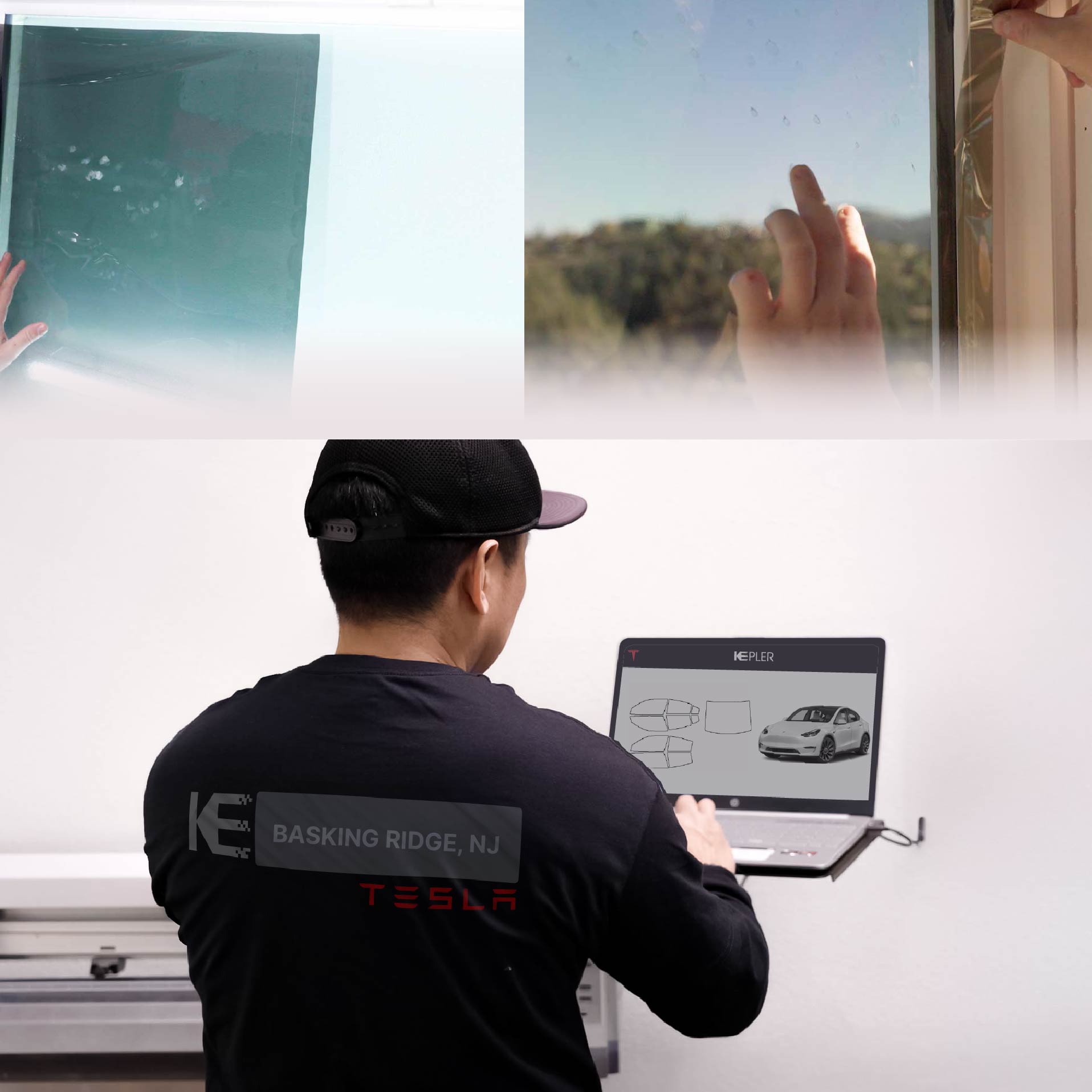 Expert Technician Fitting Ceramic Window Tint to Tesla in Basking Ridge