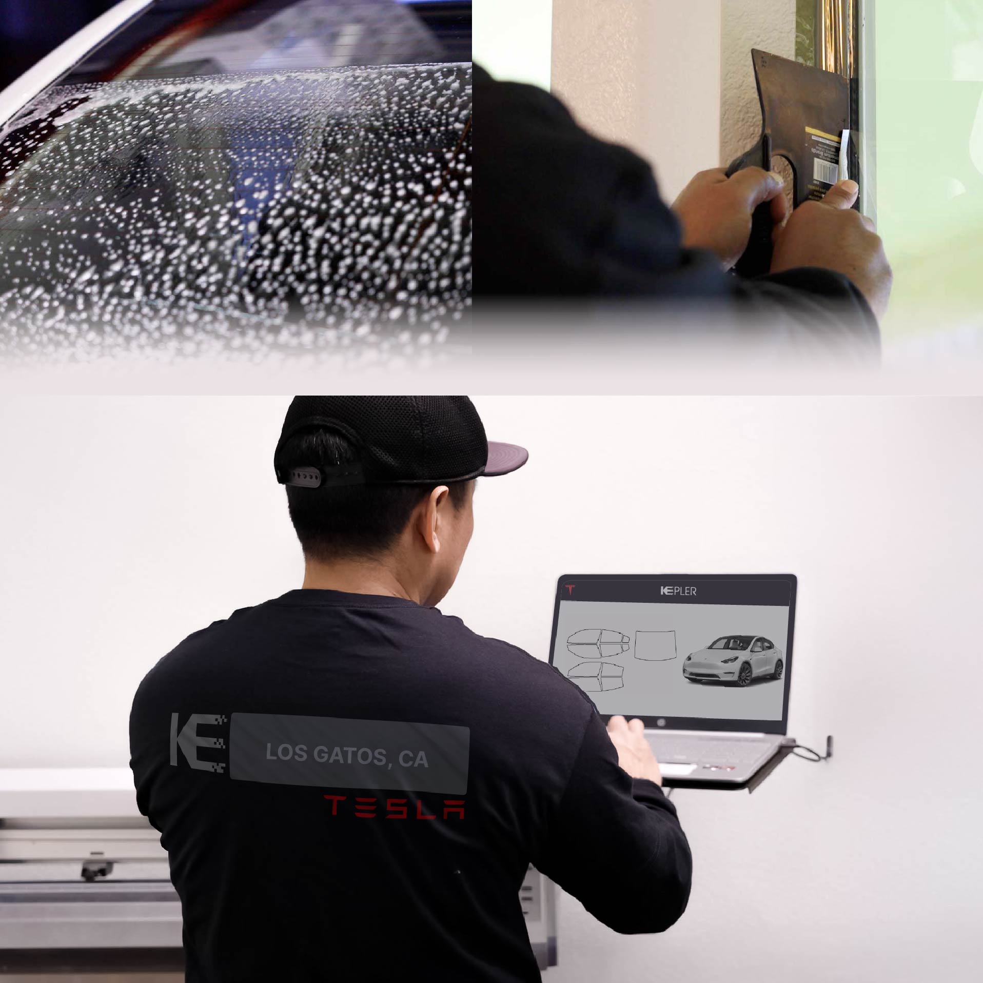 Kepler Technician Installing Ceramic Window Tint to Tesla in Los Gatos