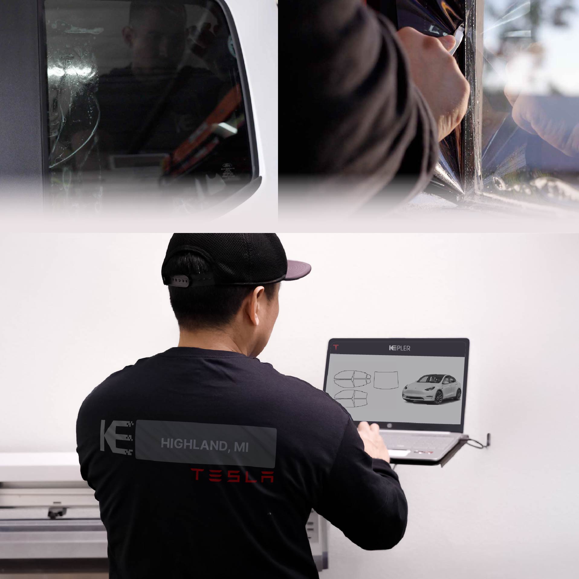 Kepler Technician Installing High-tech Window Tint to Tesla in Highland