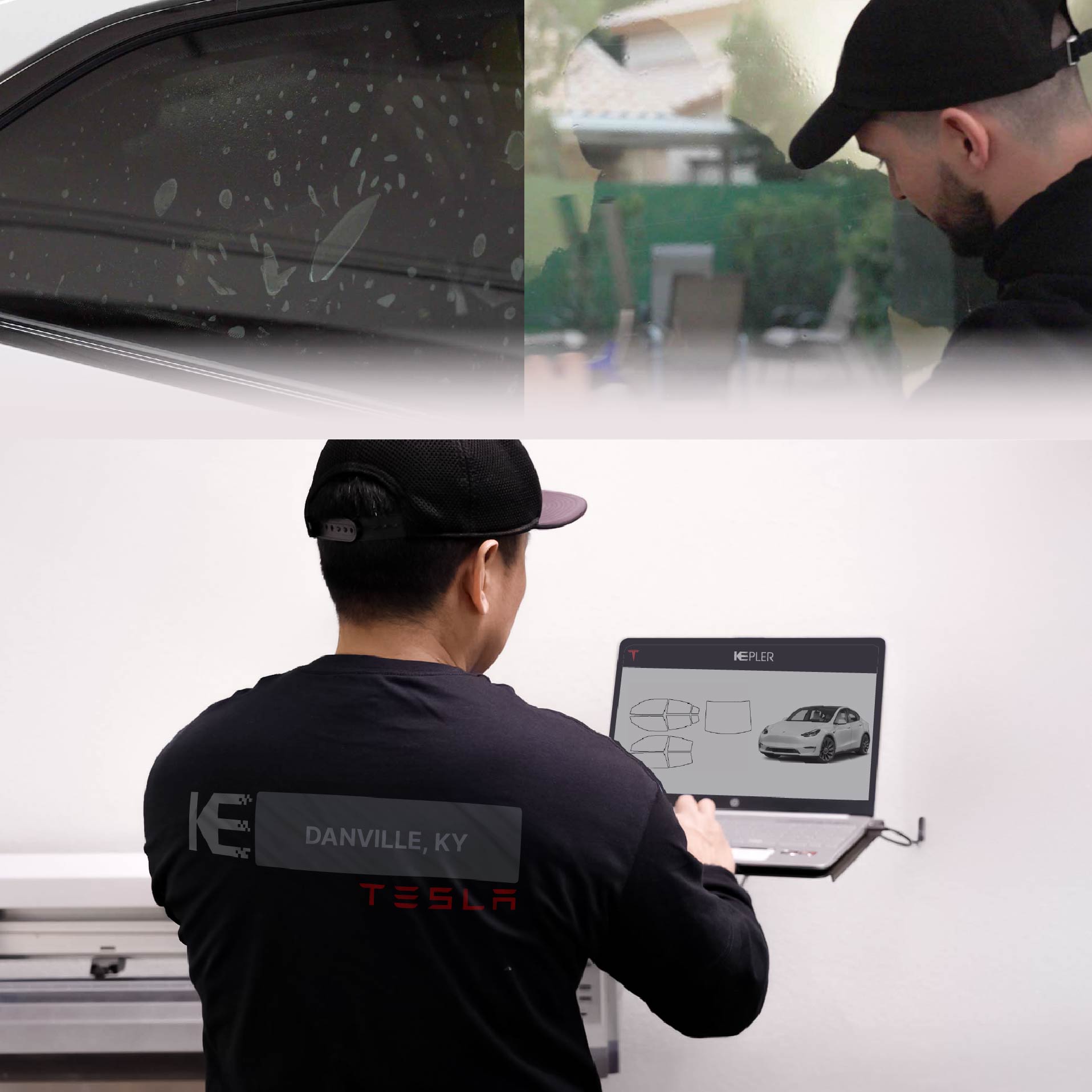Kepler Technician Fitting Ceramic Window Tint to Tesla in Danville