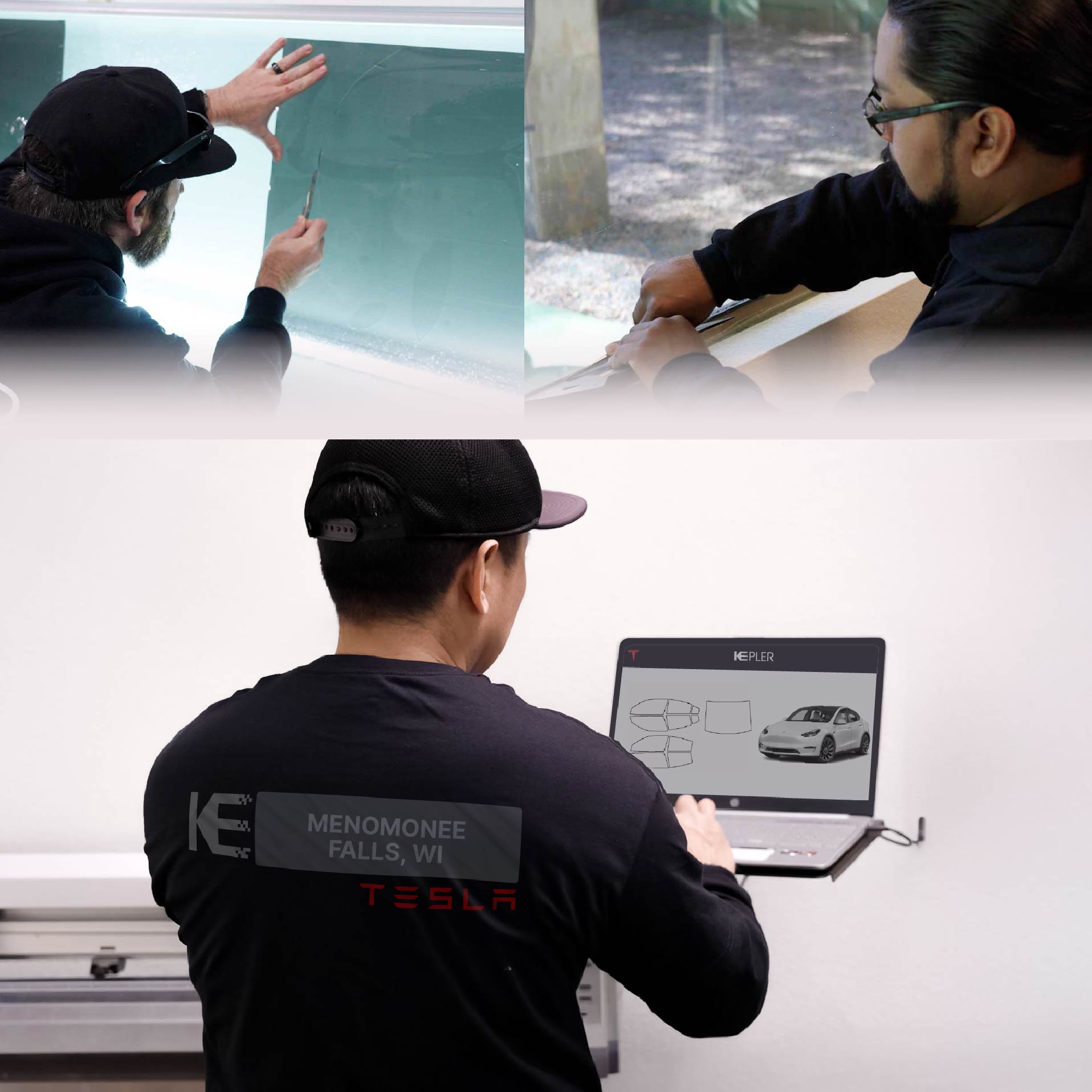 Expert Technician Fitting Ceramic Window Tint to Tesla in Menomonee Falls
