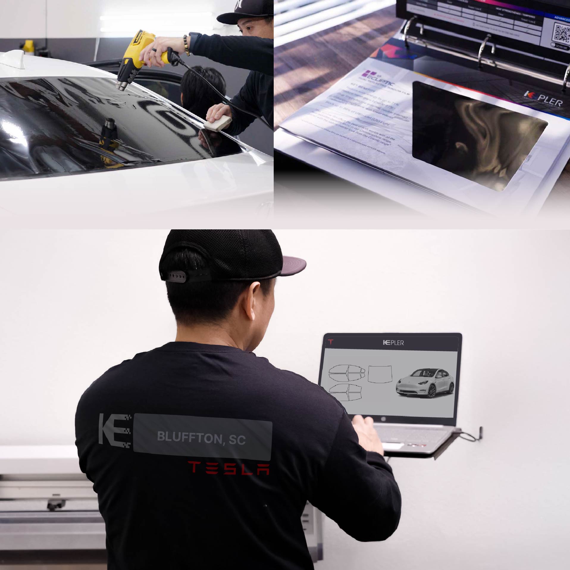 Expert Technician Applying High-tech Window Tint to Tesla in Bluffton