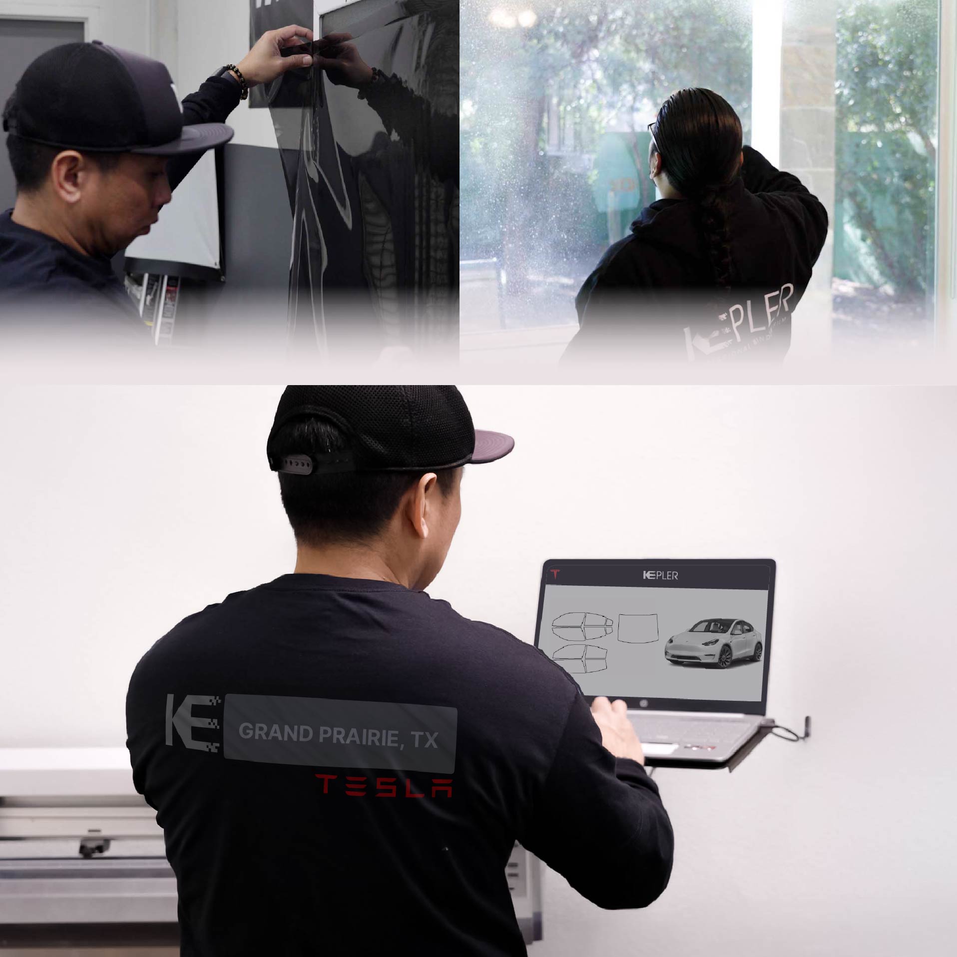 Kepler Technician Applying Ceramic Window Tint to Tesla in Grand Prairie