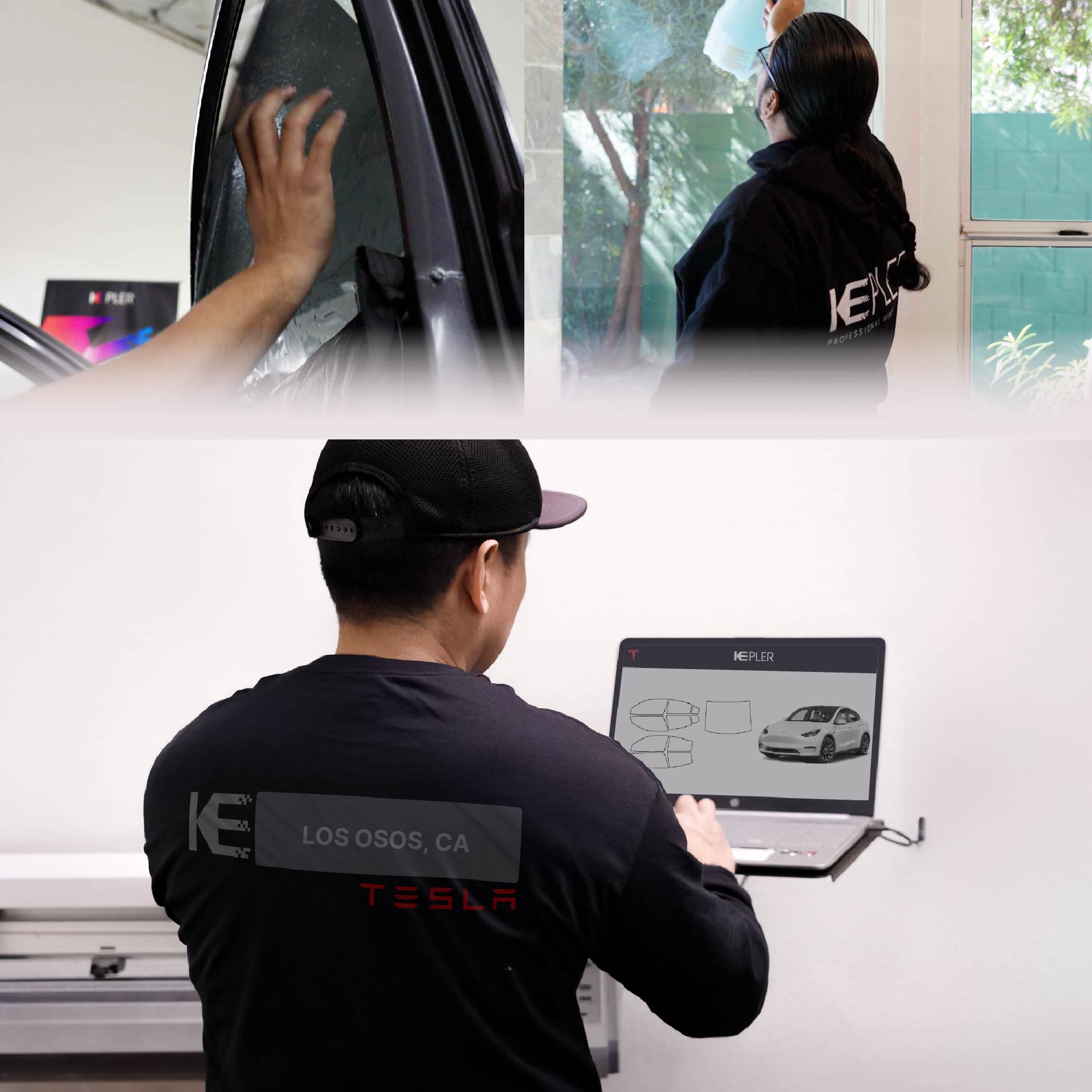 Kepler Technician Fitting Ceramic Window Tint to Tesla in Los Osos