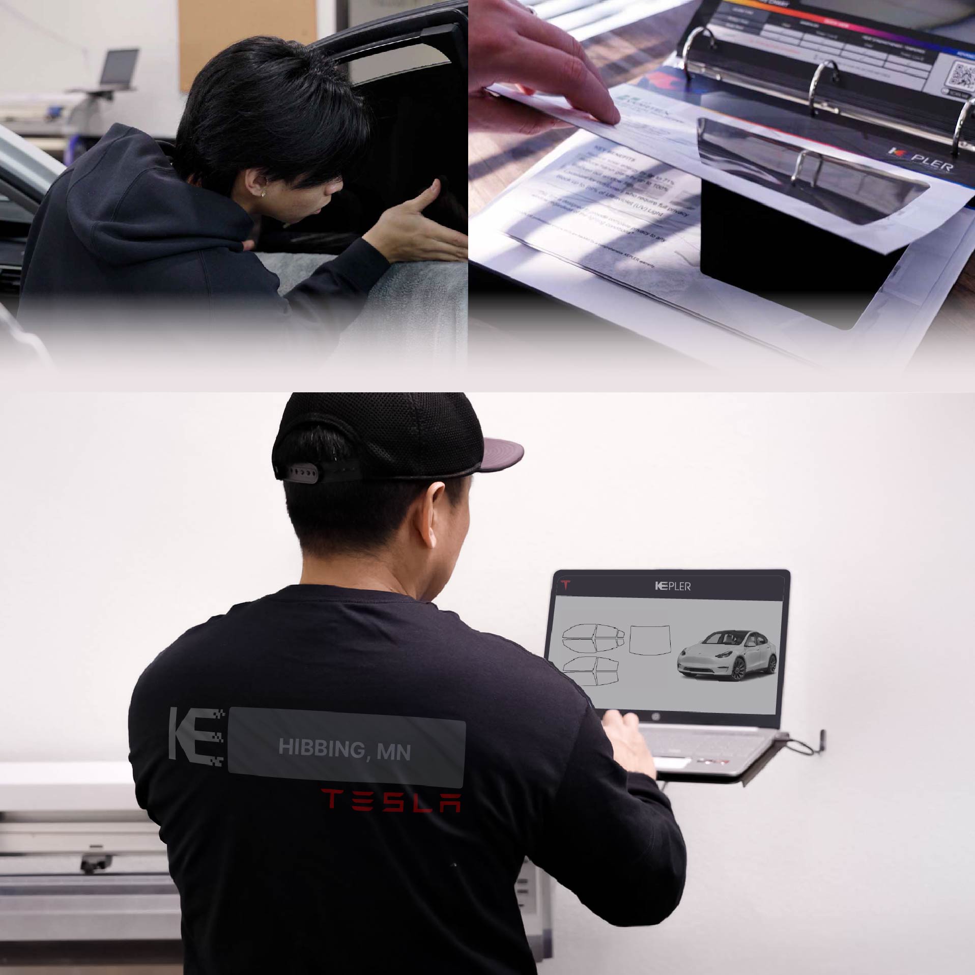 Expert Technician Fitting Advanced Window Tint to Tesla in Hibbing