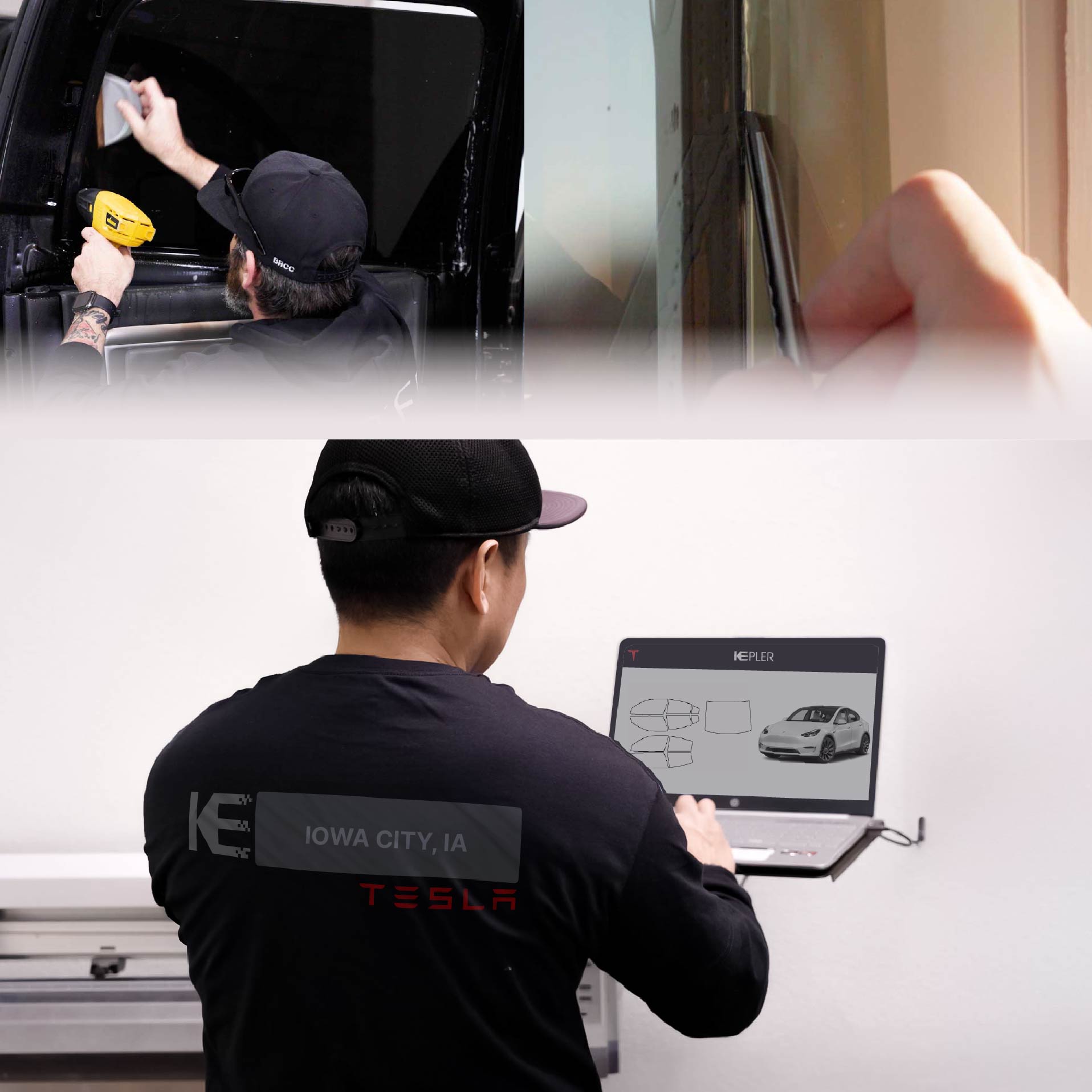 Kepler Technician Installing Advanced Window Tint to Tesla in Iowa City