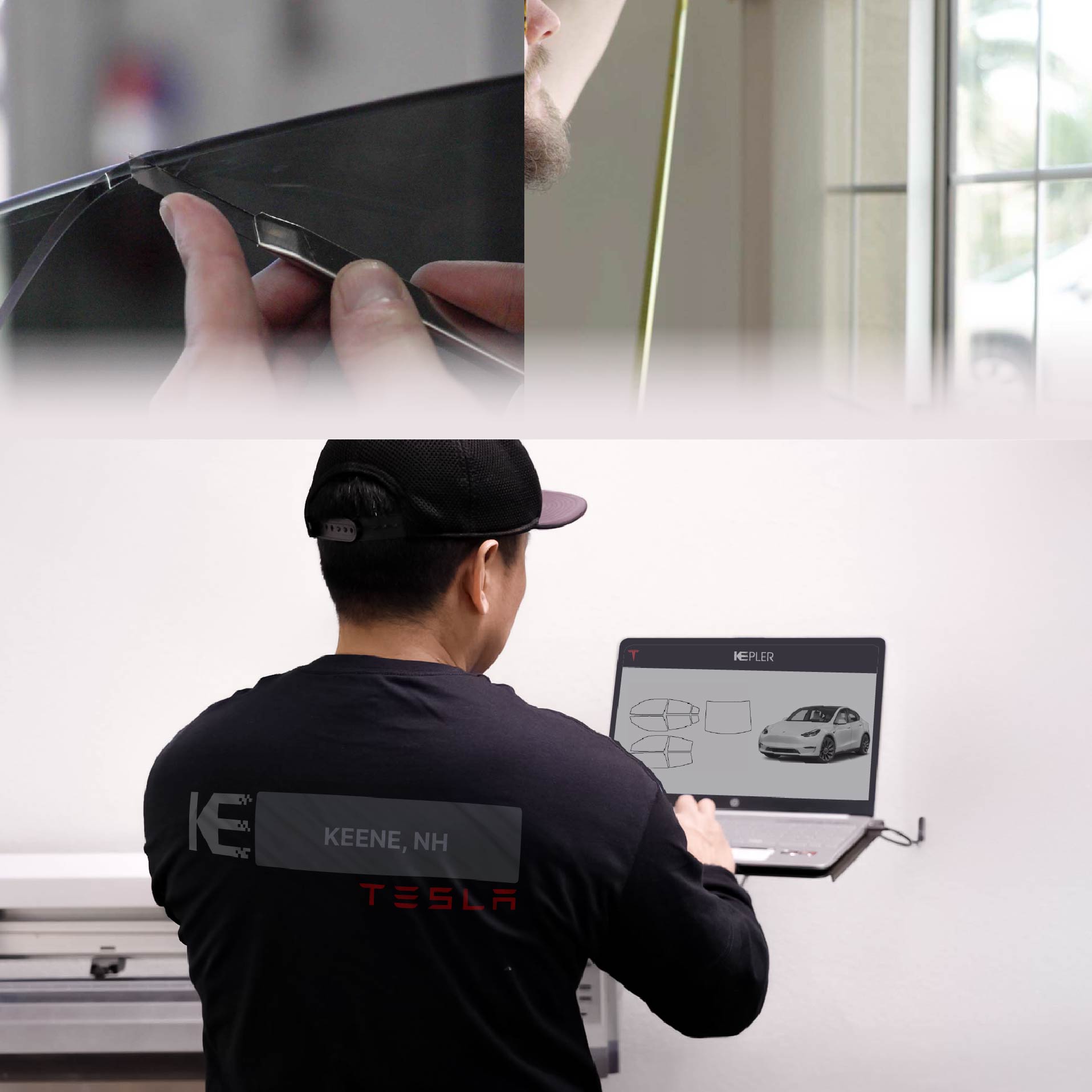 Expert Technician Installing Advanced Window Tint to Tesla in Keene