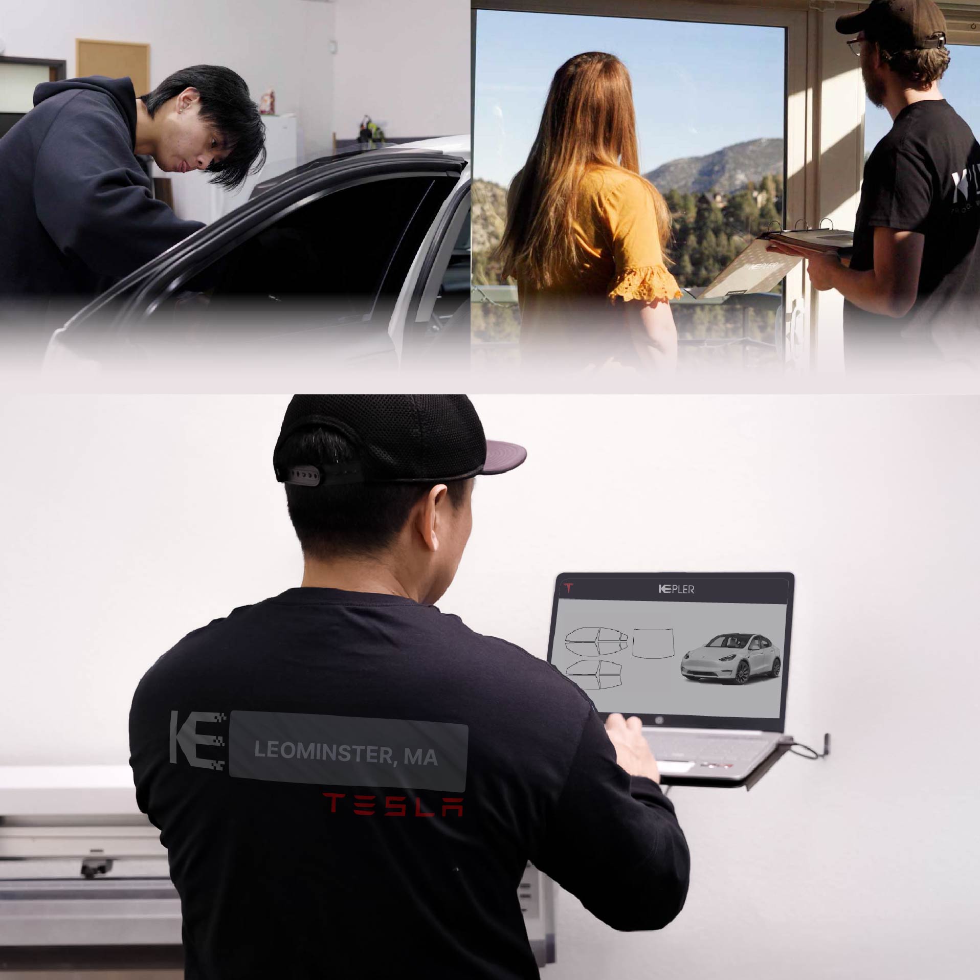 Expert Technician Applying Advanced Window Tint to Tesla in Leominster