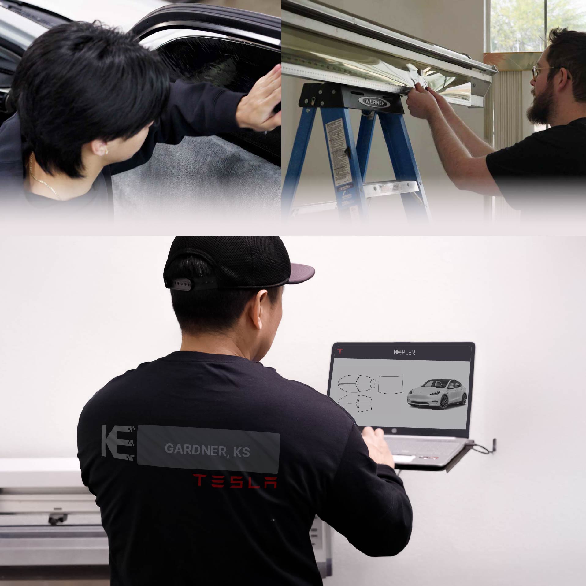 Kepler Technician Applying Ceramic Window Tint to Tesla in Gardner