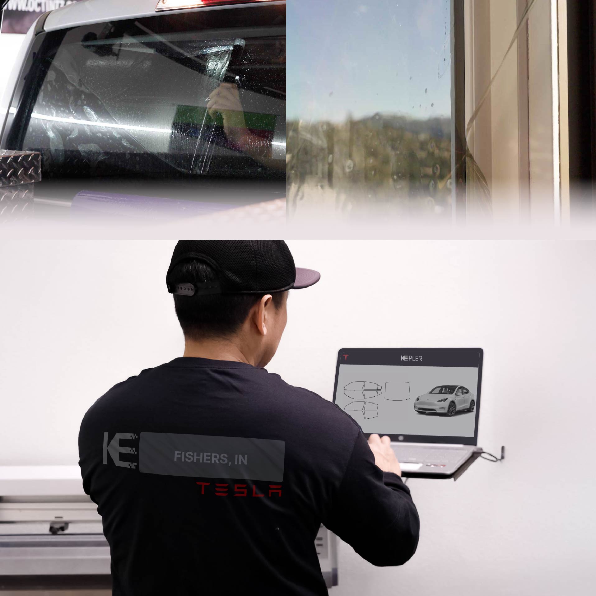 Expert Technician Applying High-tech Window Tint to Tesla in Fishers