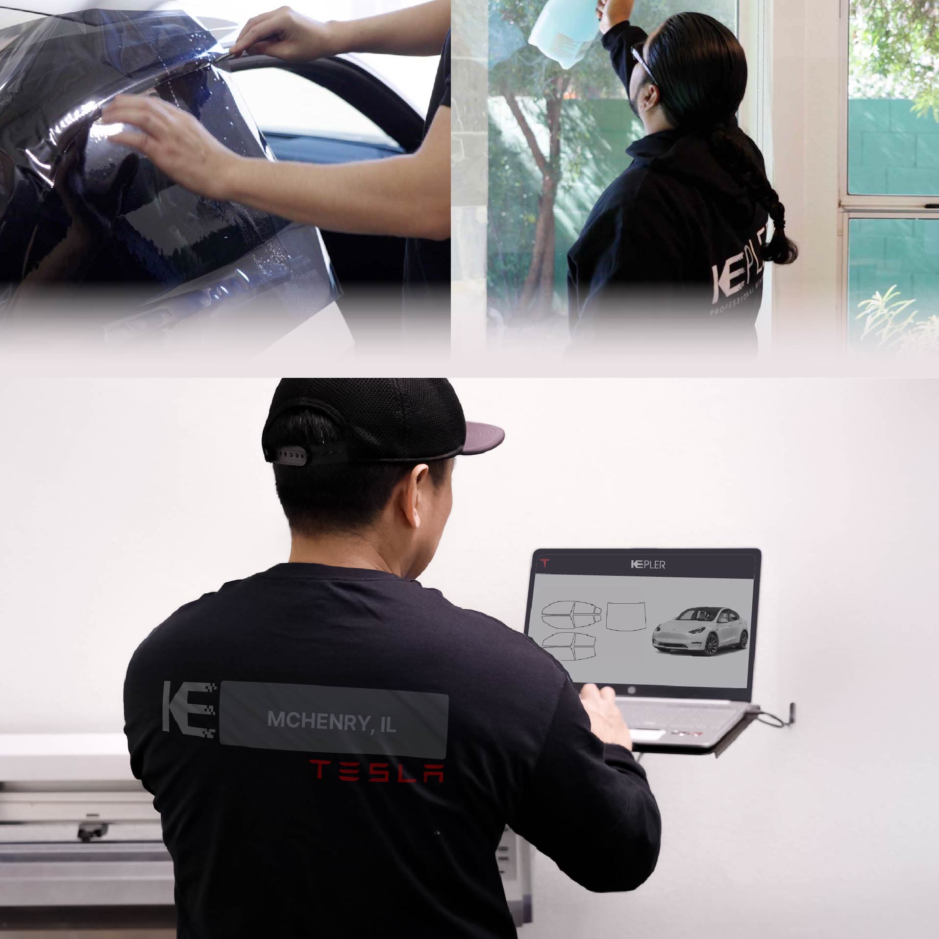 Kepler Technician Installing High-tech Window Tint to Tesla in McHenry