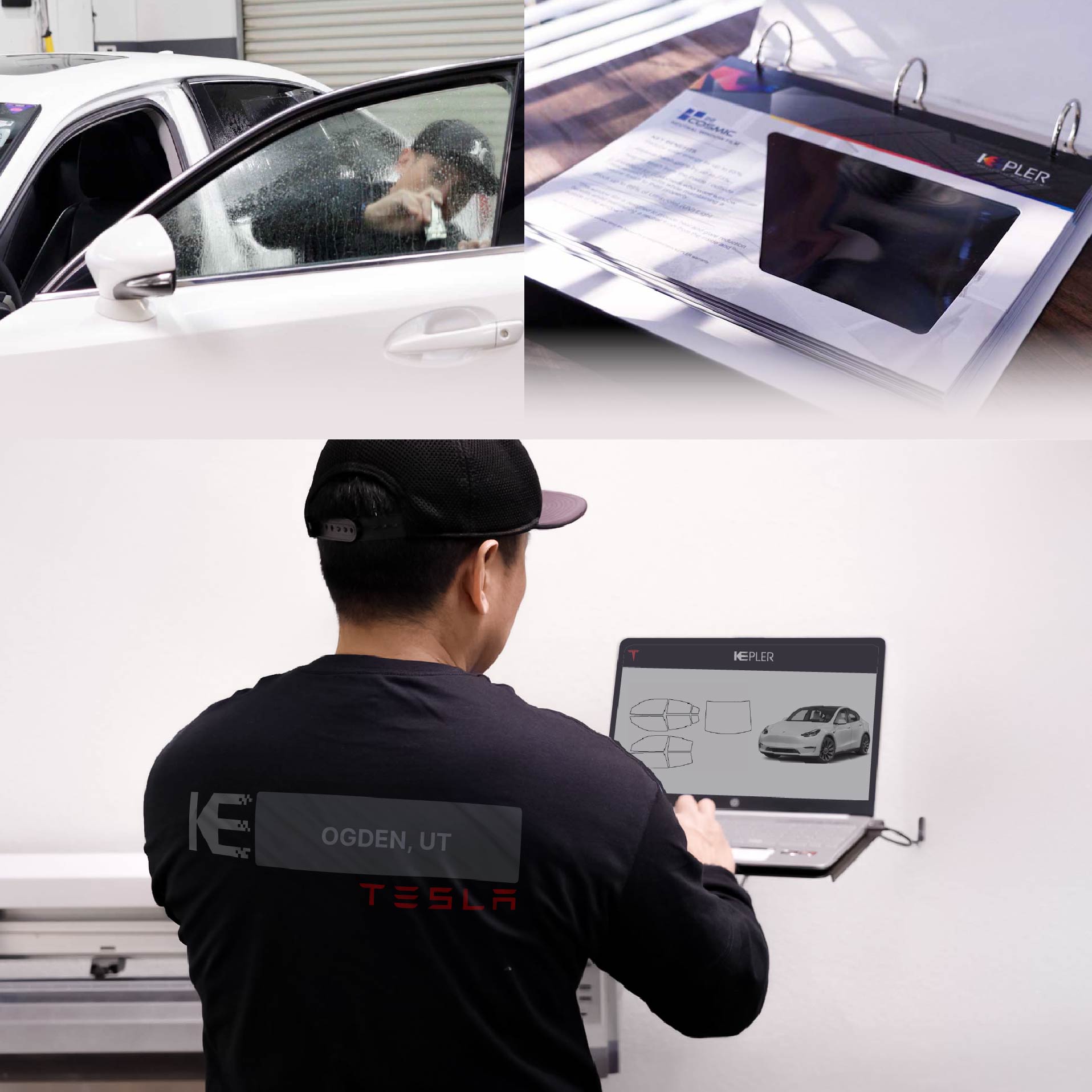 Kepler Technician Applying Ceramic Window Tint to Tesla in Ogden