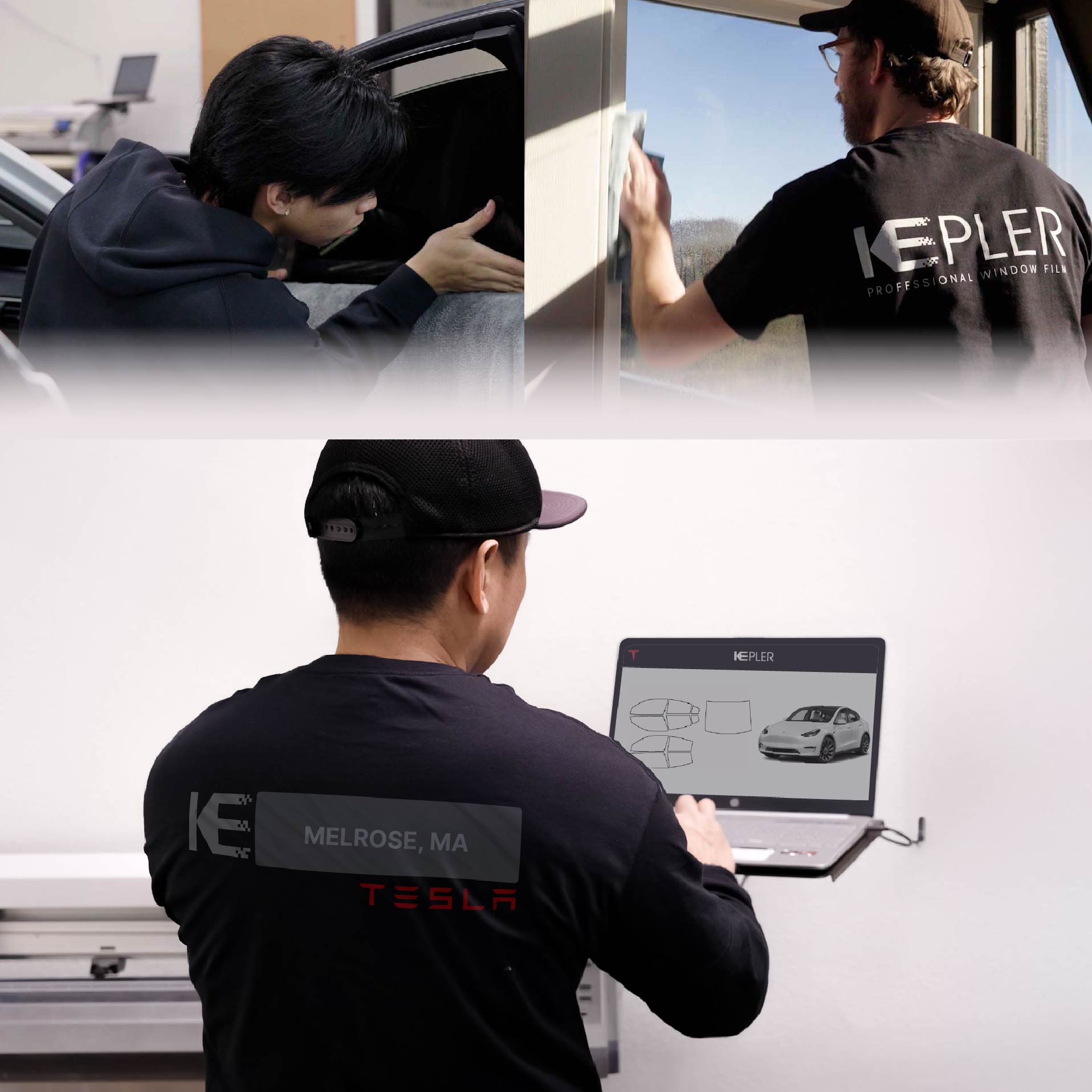 Expert Technician Installing Ceramic Window Tint to Tesla in Melrose