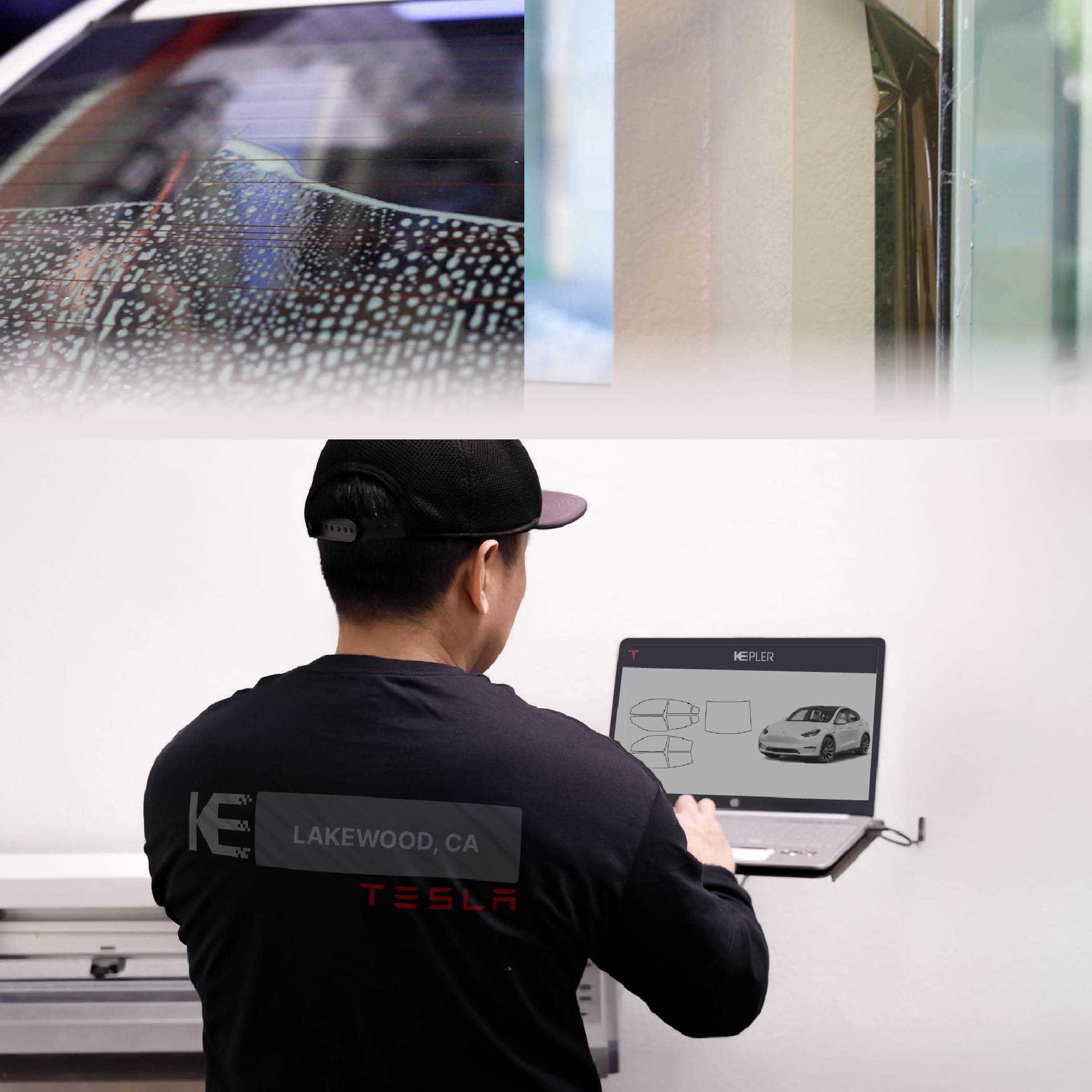 Expert Technician Fitting Ceramic Window Tint to Tesla in Lakewood