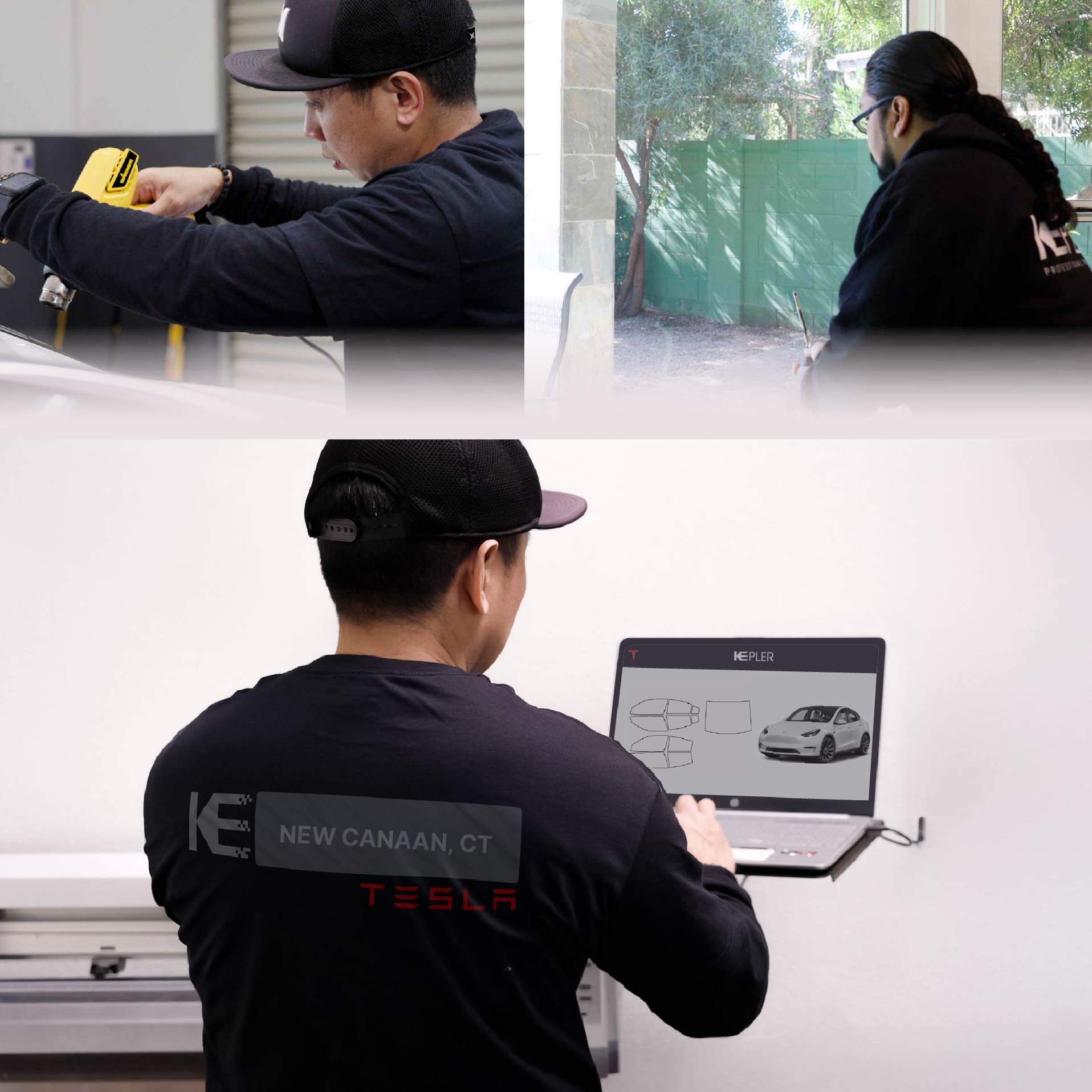 Expert Technician Installing Advanced Window Tint to Tesla in New Canaan