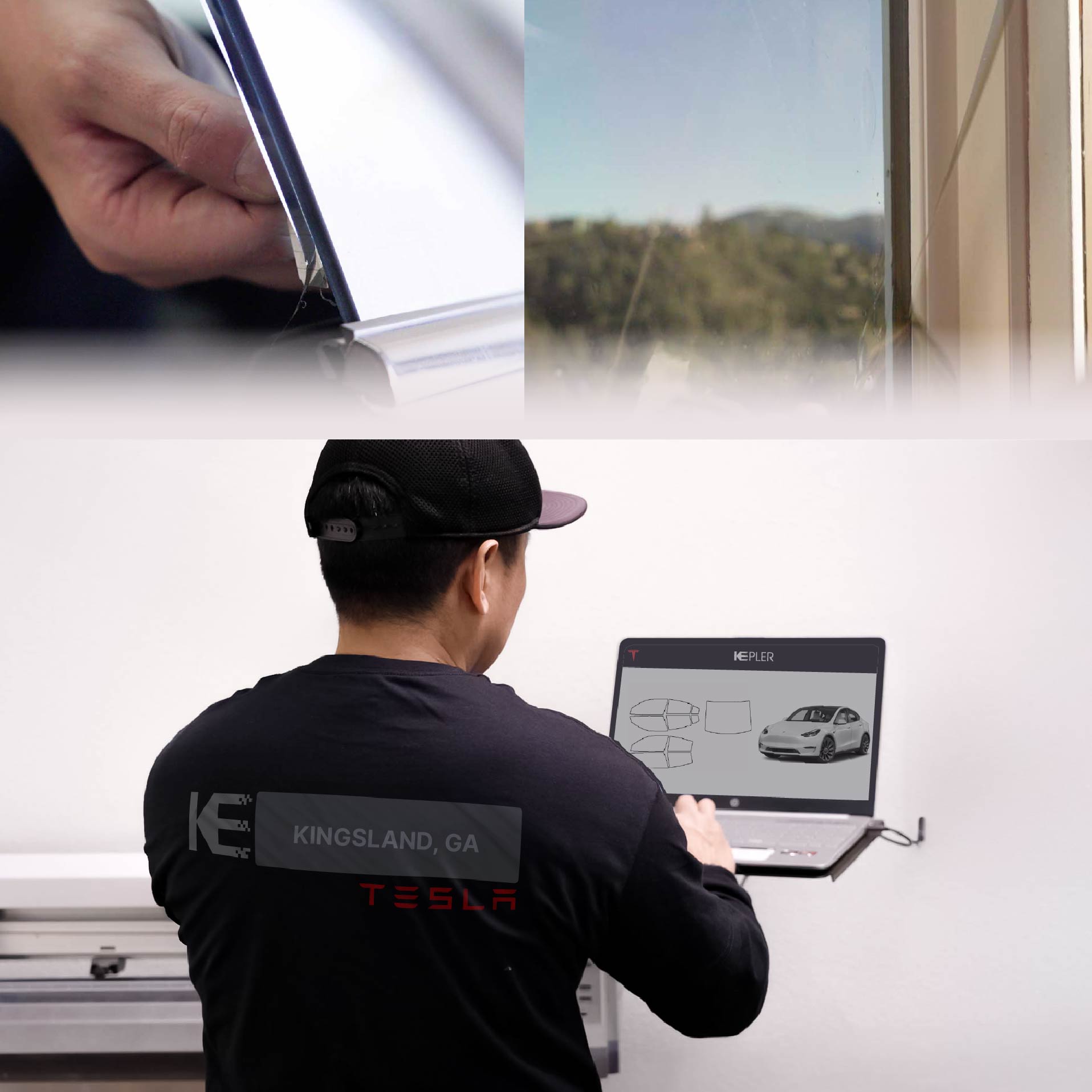 Expert Technician Applying Advanced Window Tint to Tesla in Kingsland