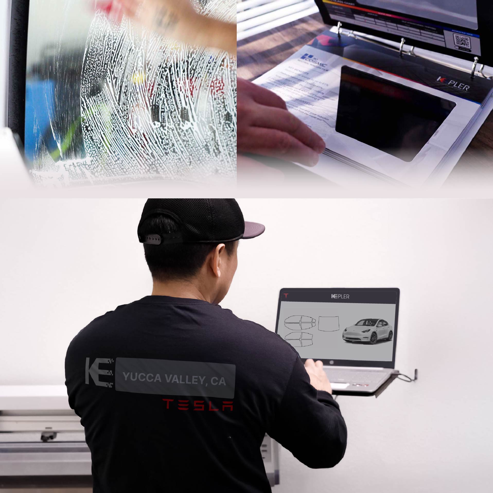 Kepler Technician Fitting High-tech Window Tint to Tesla in Yucca Valley