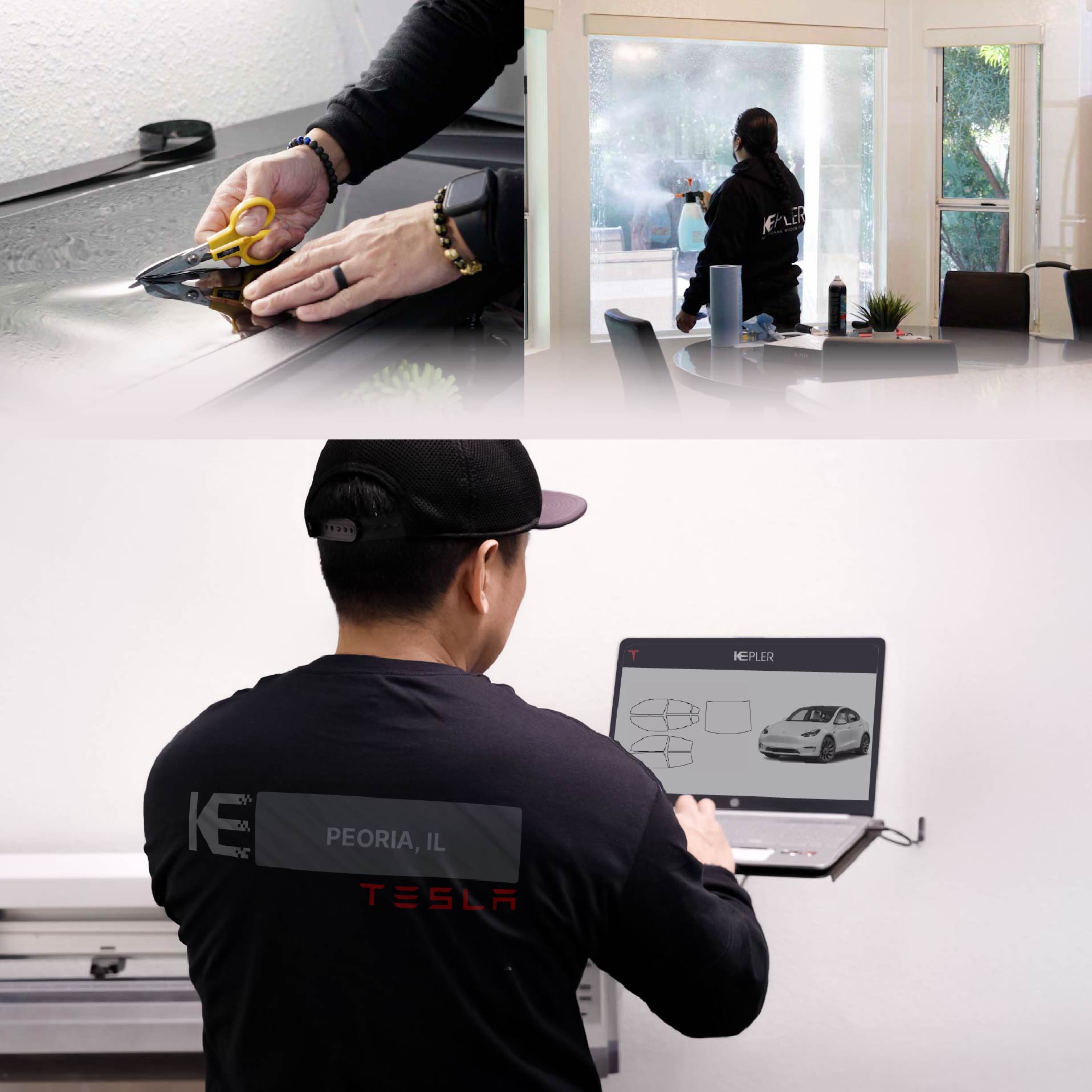 Kepler Technician Applying Advanced Window Tint to Tesla in Peoria