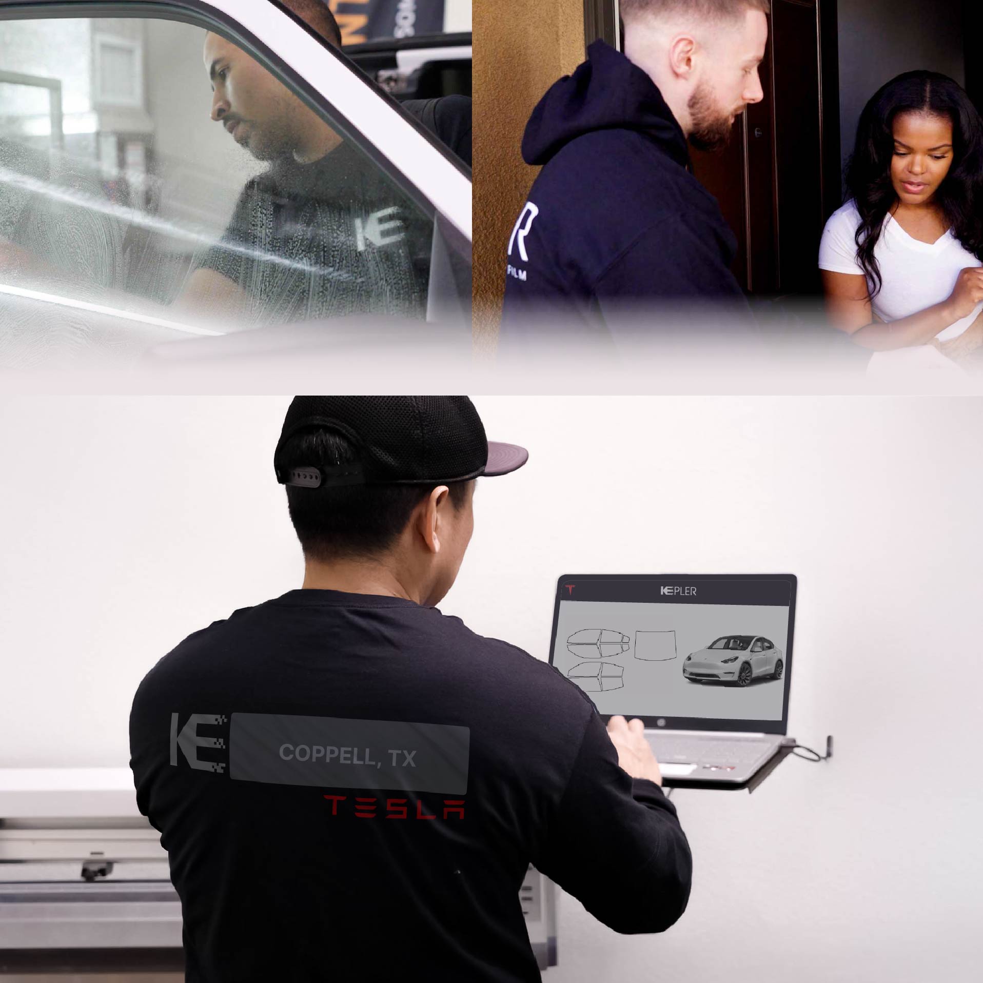 Kepler Technician Installing Ceramic Window Tint to Tesla in Coppell
