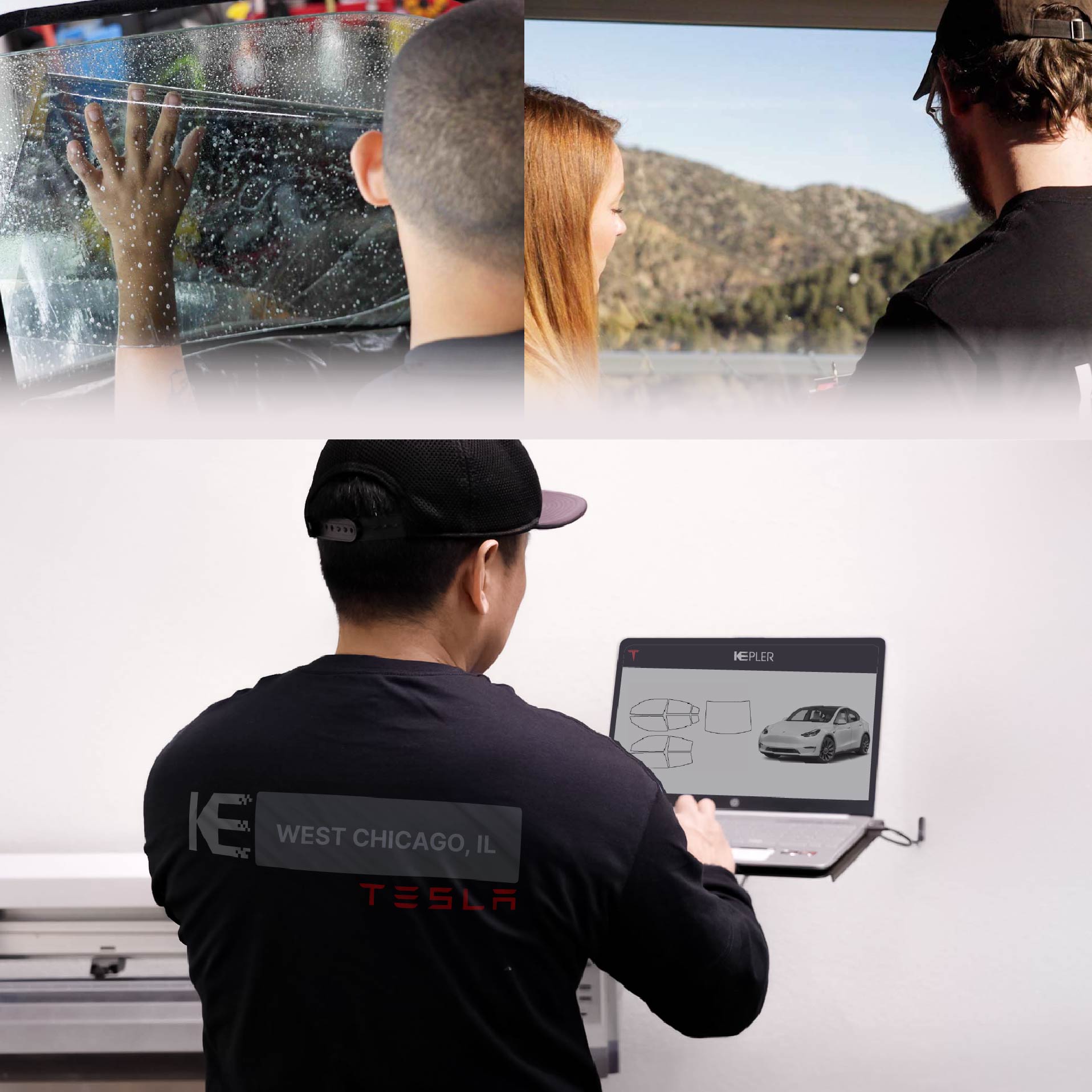 Kepler Technician Fitting Advanced Window Tint to Tesla in West Chicago