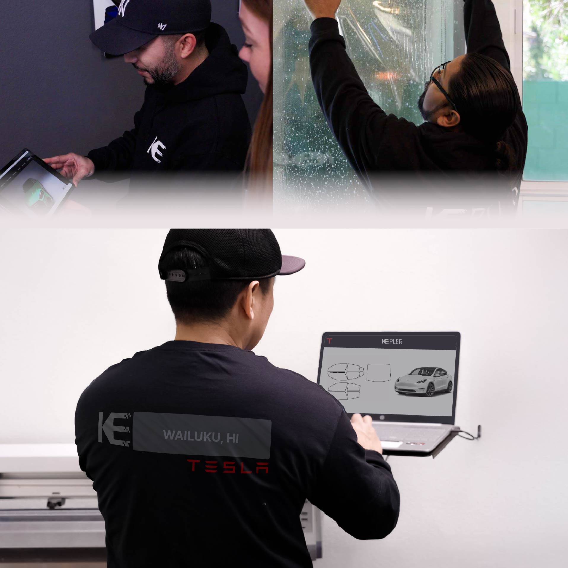Kepler Technician Installing High-tech Window Tint to Tesla in Wailuku