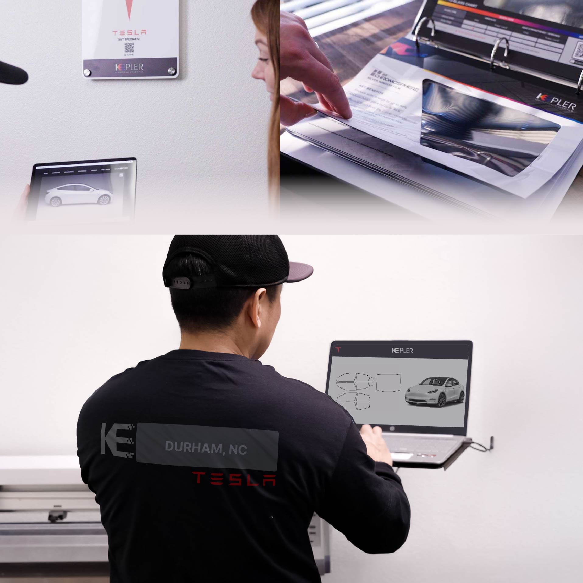 Expert Technician Installing High-tech Window Tint to Tesla in Durham