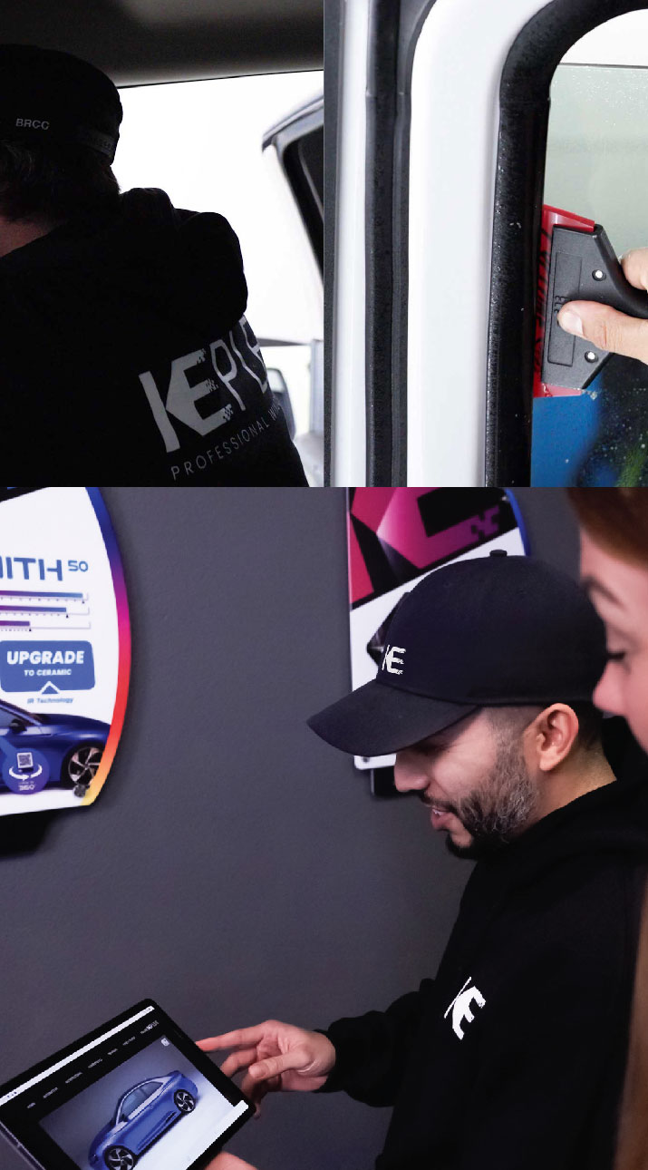 Kepler Dealer Showing Car Window Film Options to Customer in Monroe, North Carolina