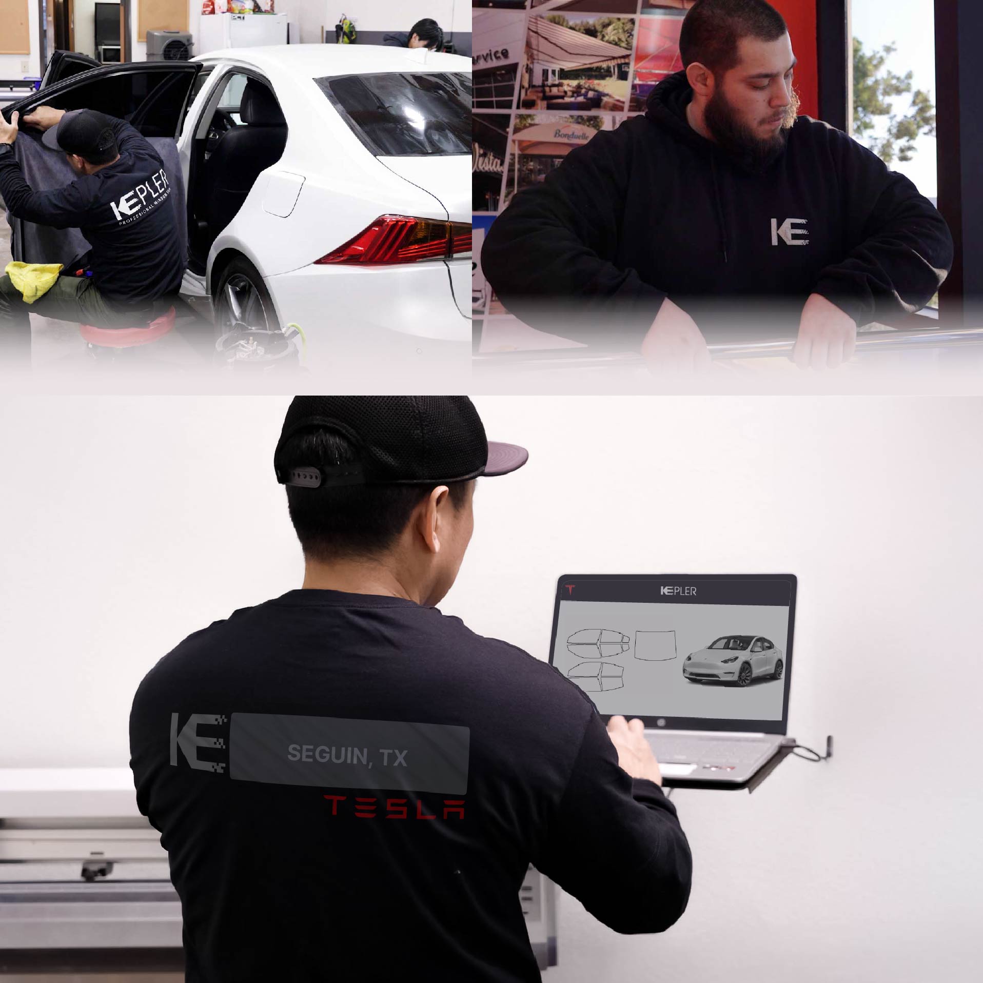 Expert Technician Applying Ceramic Window Tint to Tesla in Seguin