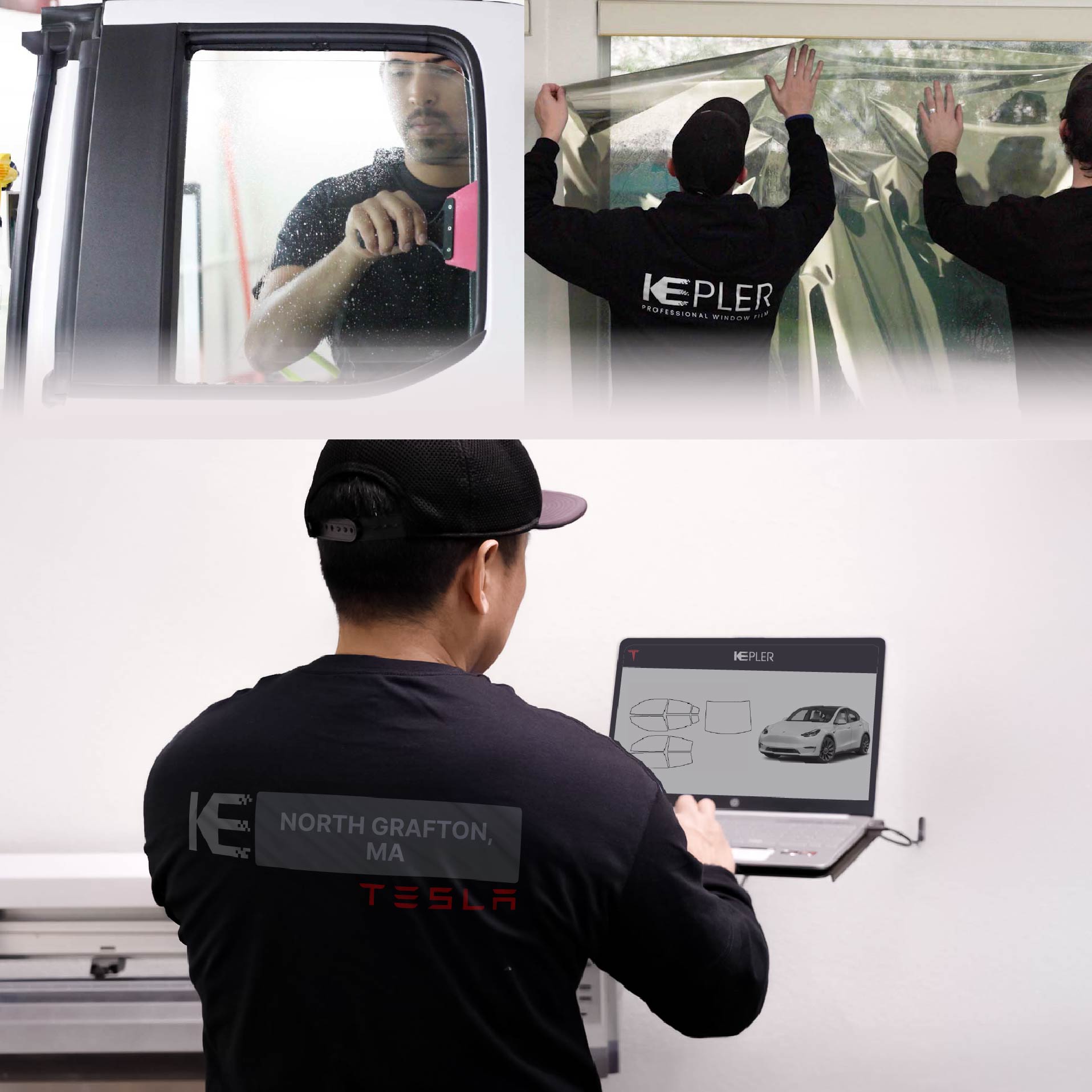 Kepler Technician Applying High-tech Window Tint to Tesla in North Grafton