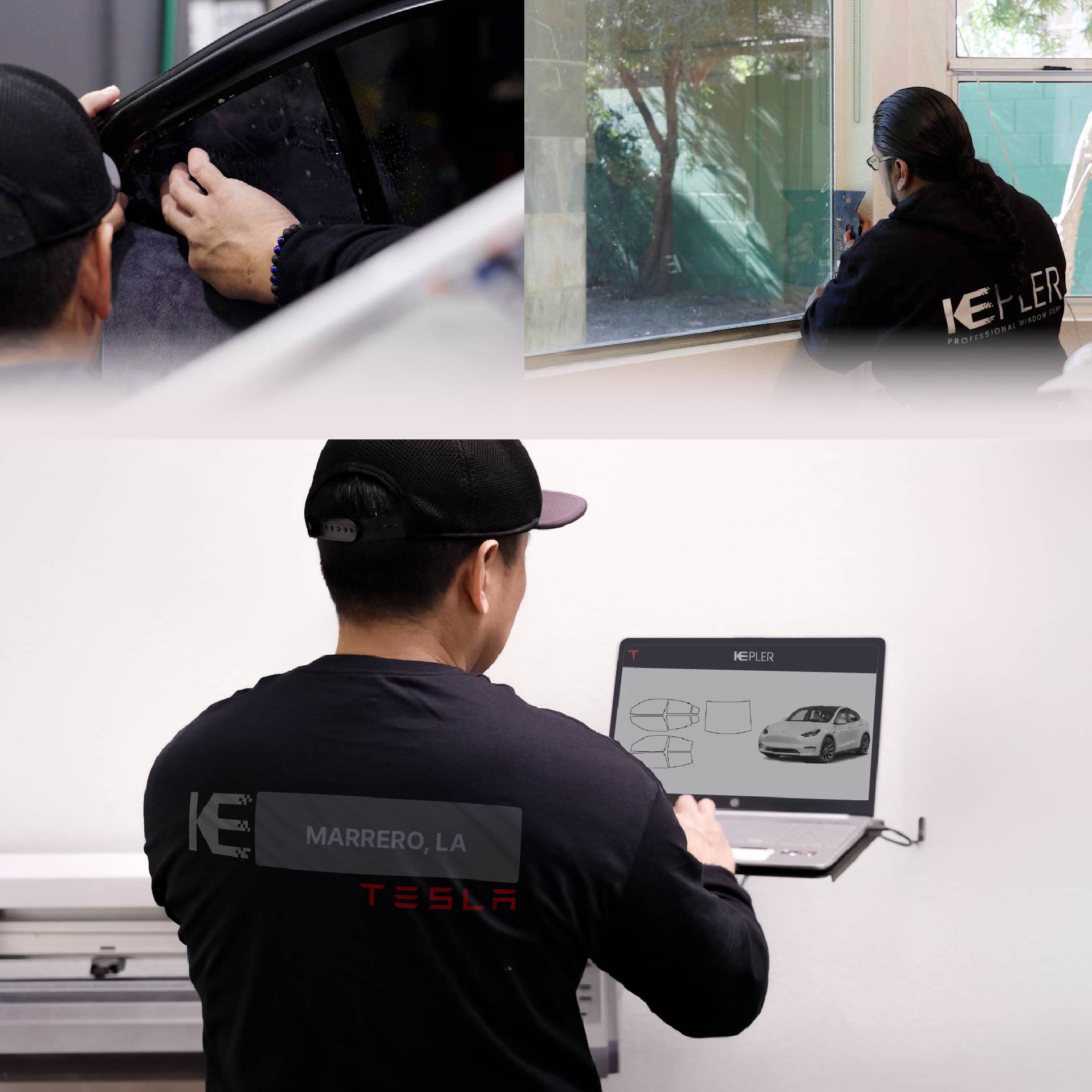 Expert Technician Installing Advanced Window Tint to Tesla in Marrero