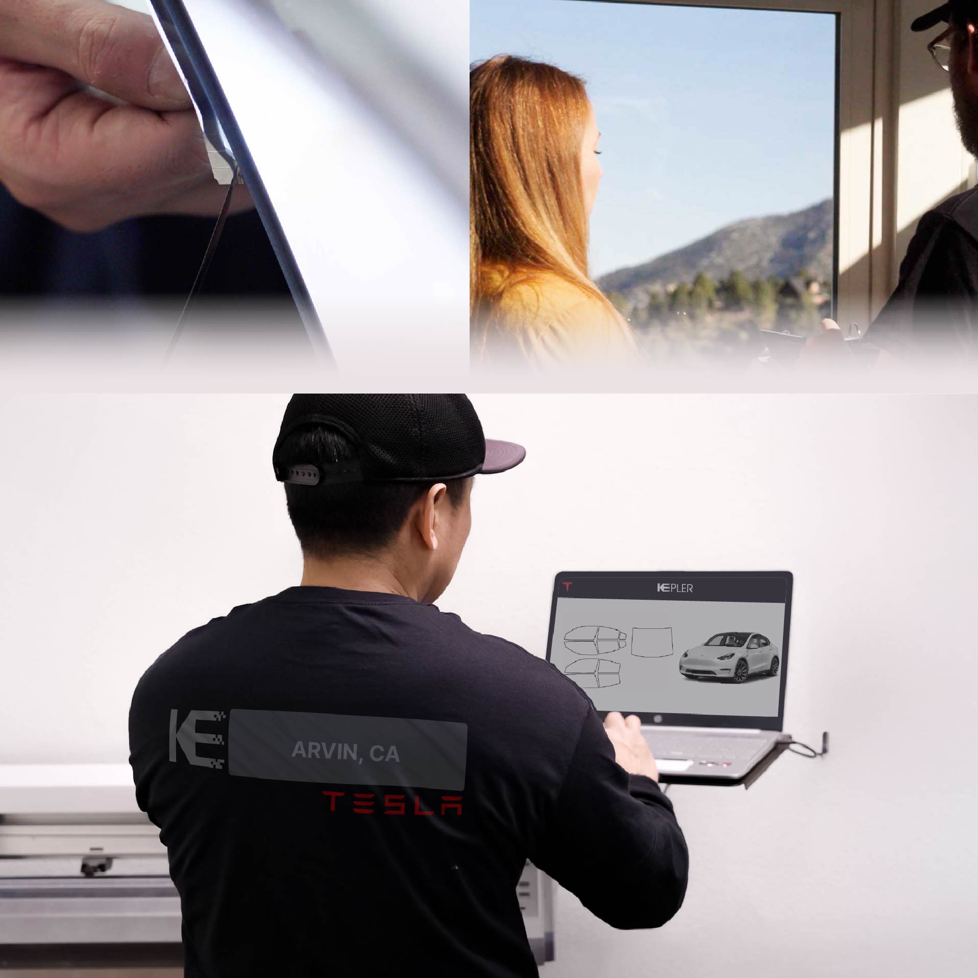 Expert Technician Fitting High-tech Window Tint to Tesla in Arvin