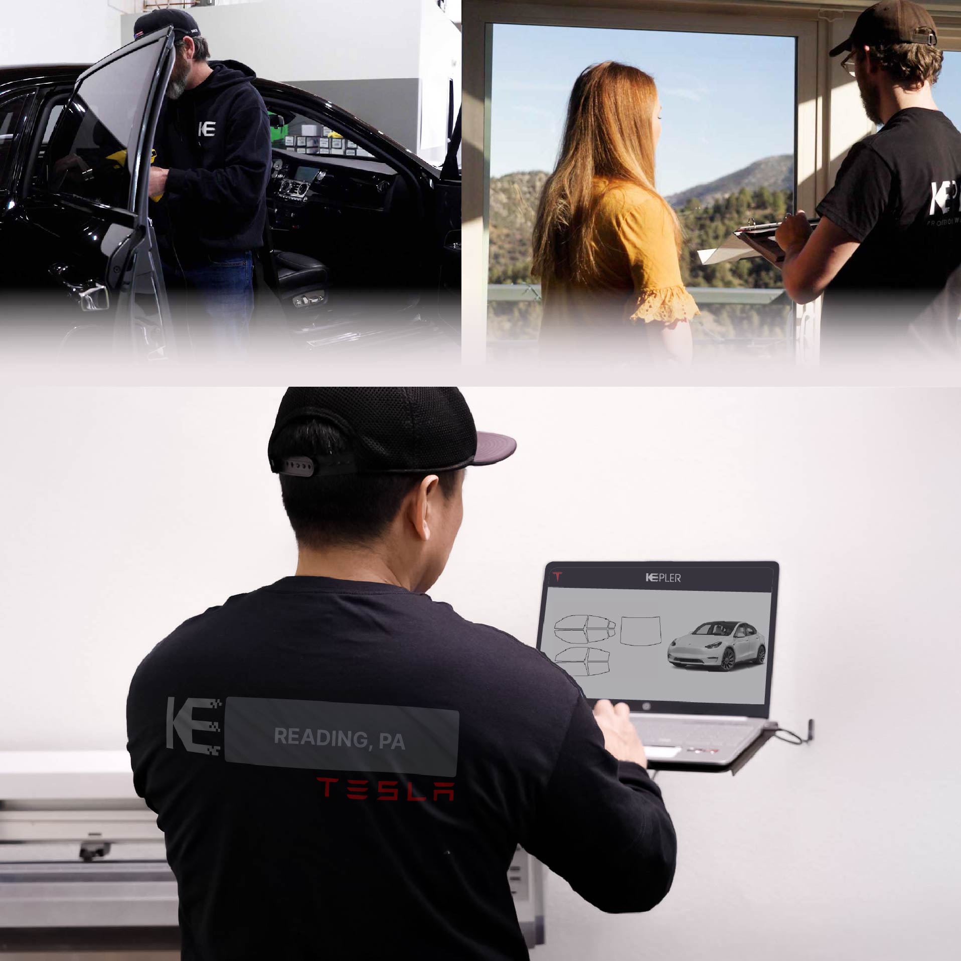 Kepler Technician Installing Ceramic Window Tint to Tesla in Reading