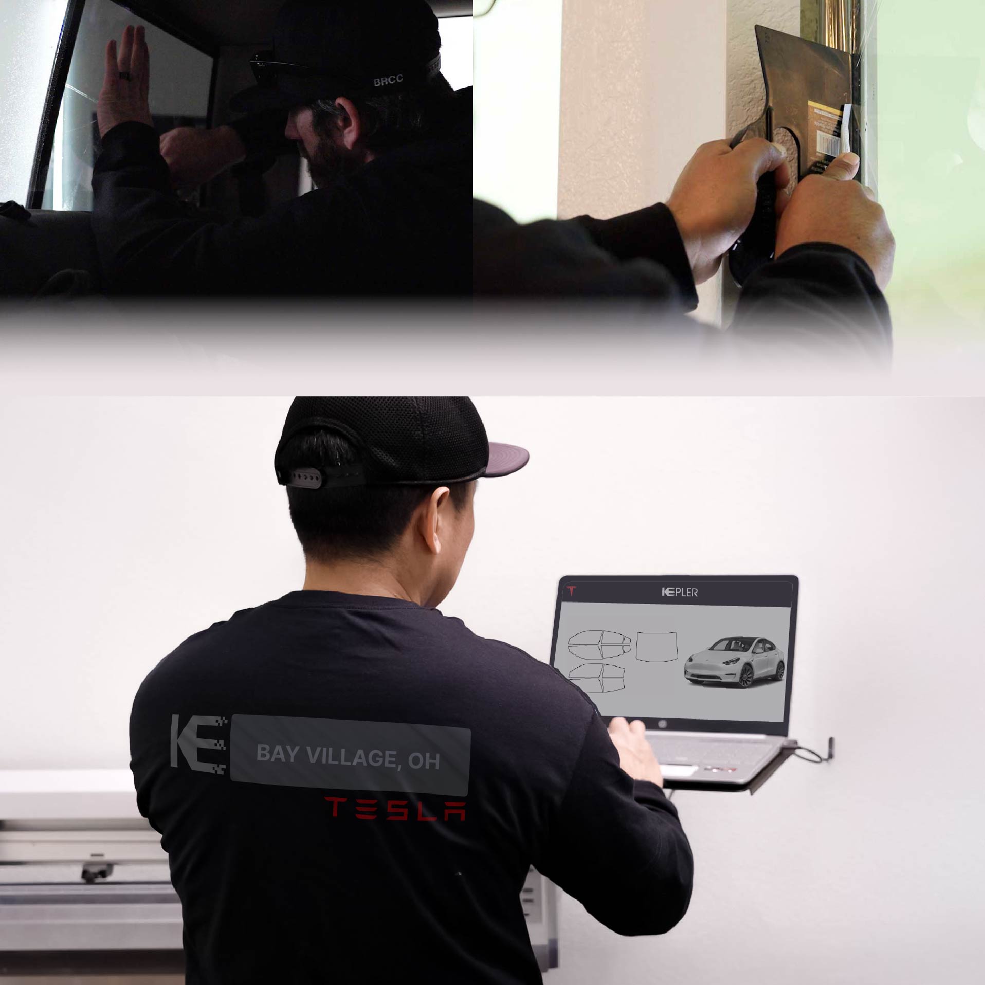 Expert Technician Fitting Advanced Window Tint to Tesla in Bay Village