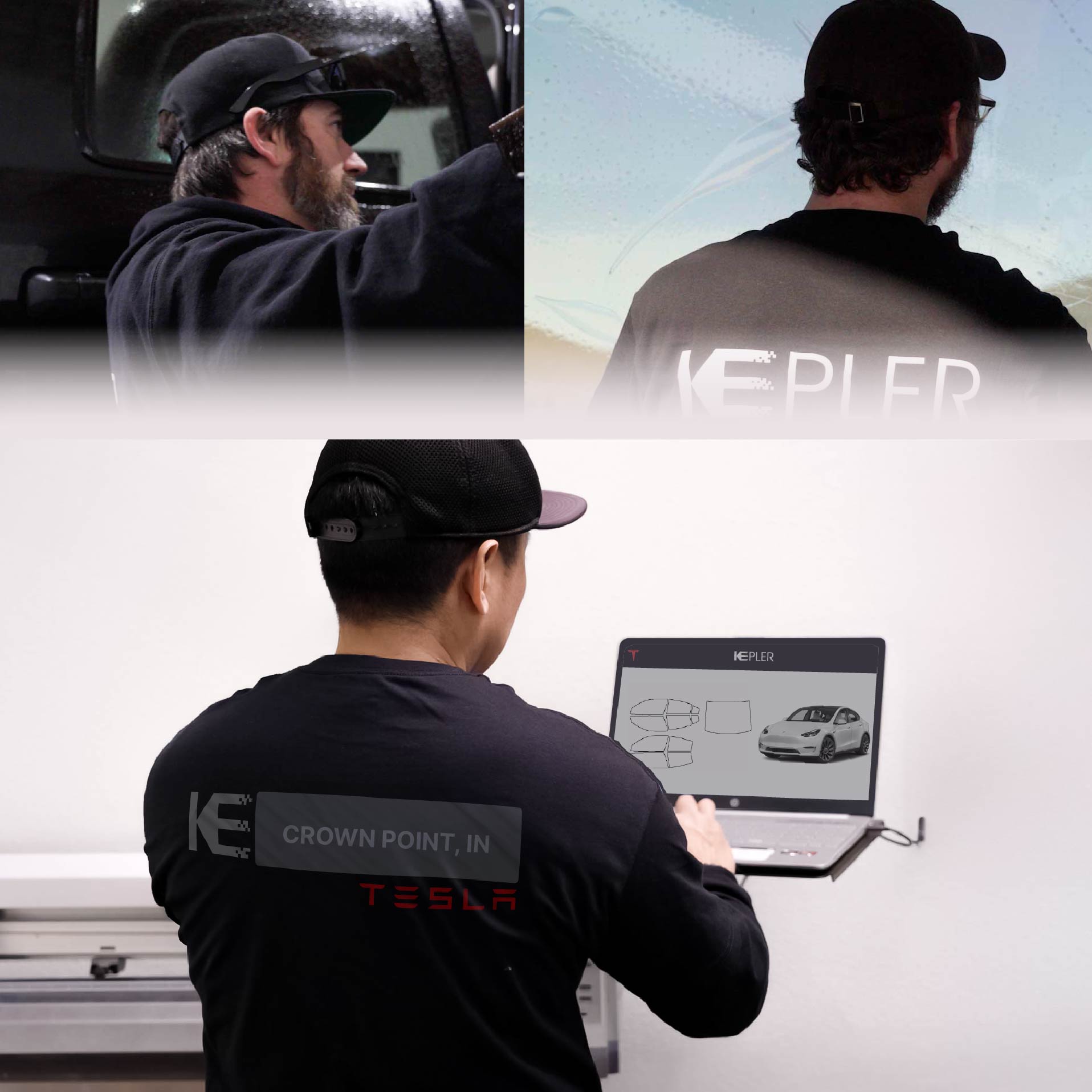Expert Technician Applying Ceramic Window Tint to Tesla in Crown Point