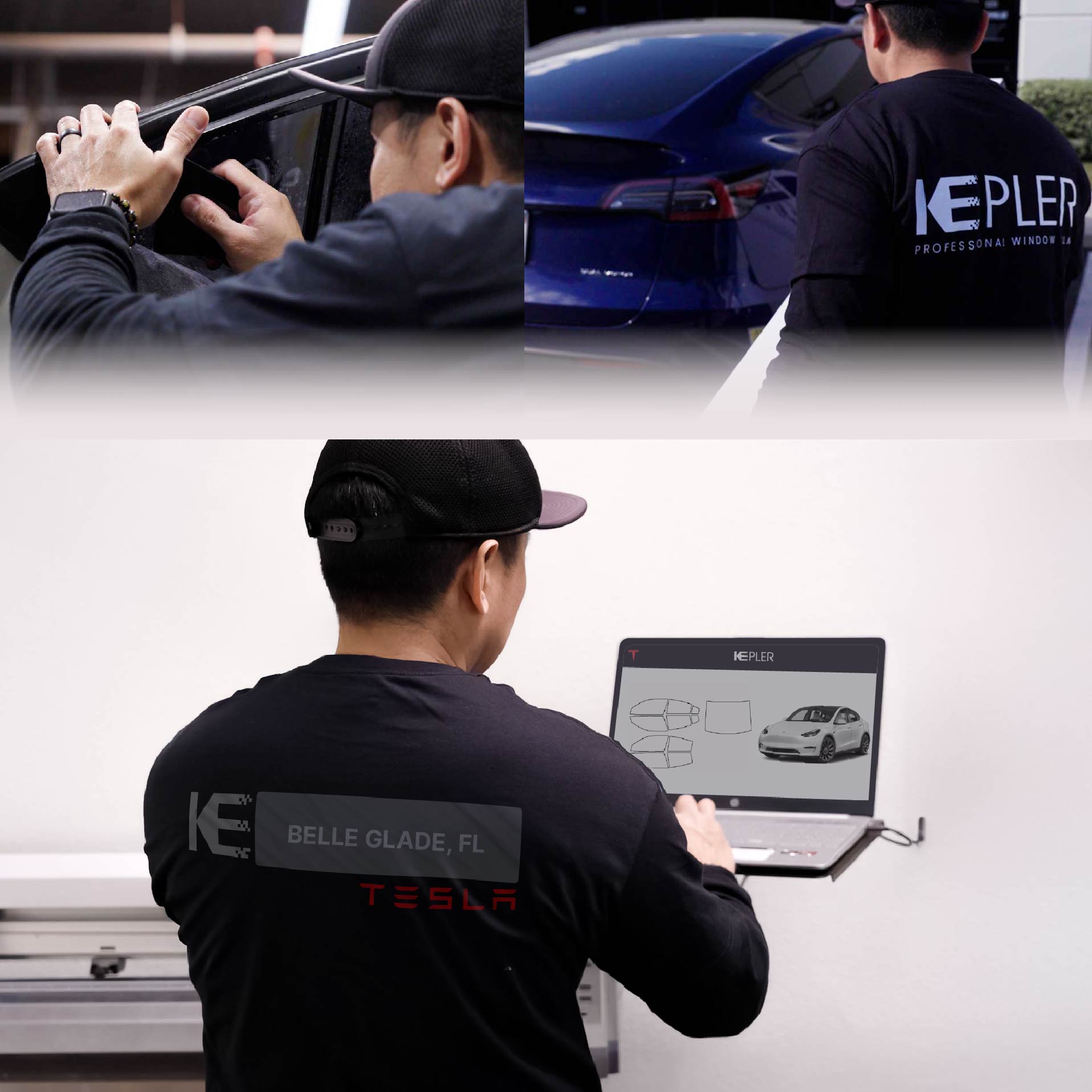 Kepler Technician Fitting High-tech Window Tint to Tesla in Belle Glade
