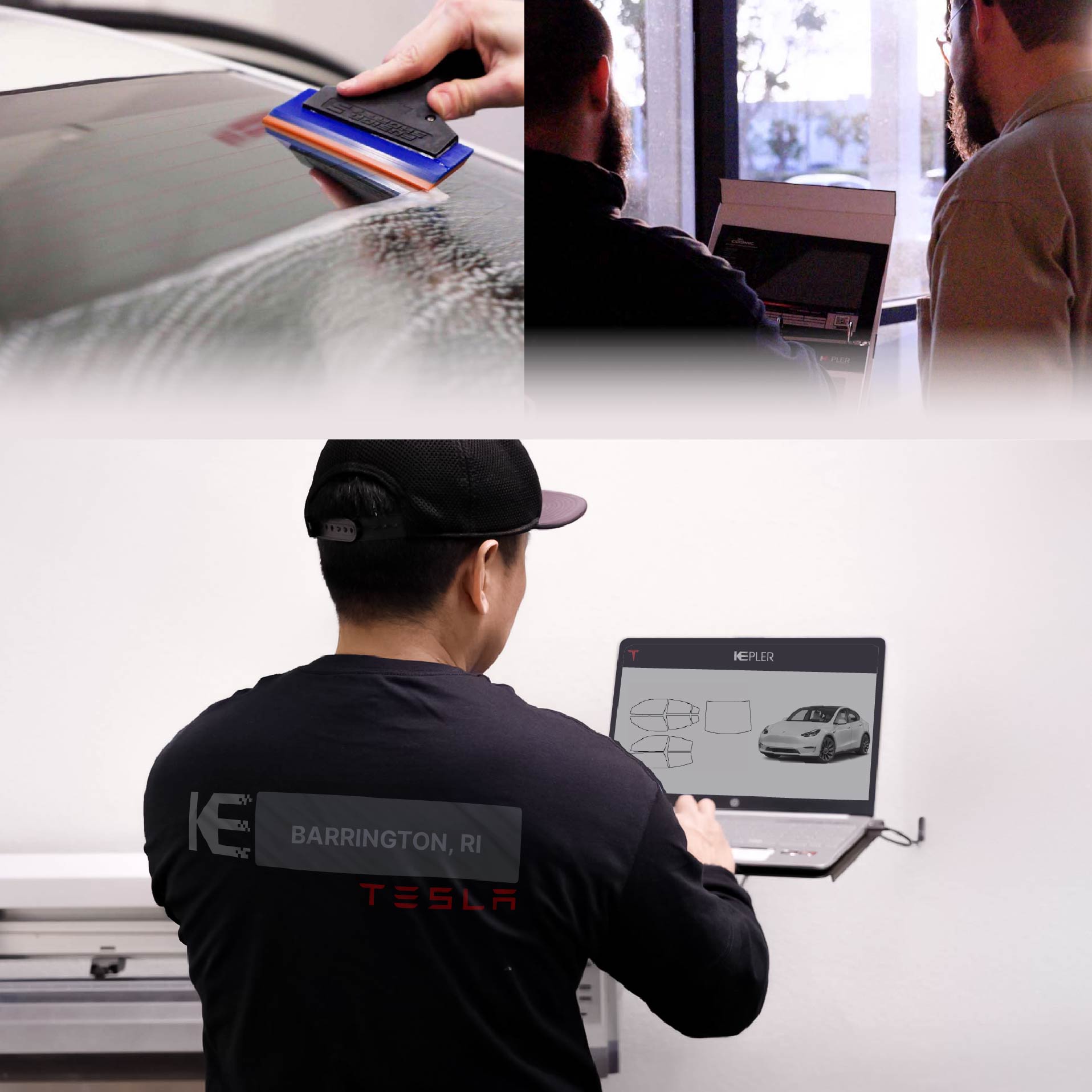 Expert Technician Installing Advanced Window Tint to Tesla in Barrington