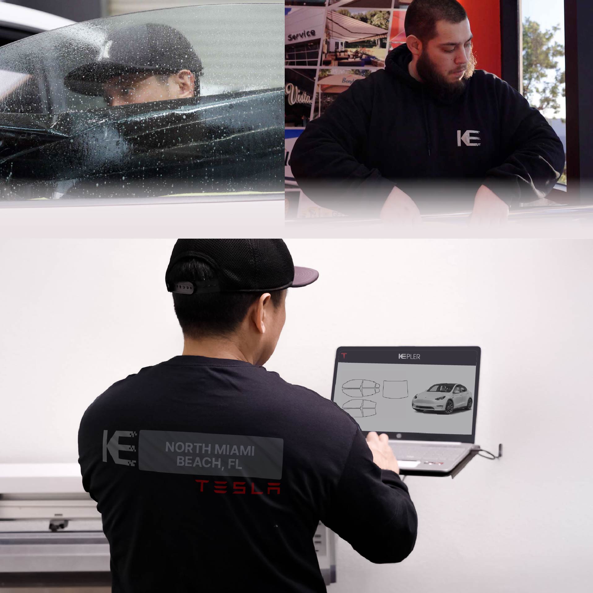 Expert Technician Fitting Advanced Window Tint to Tesla in North Miami Beach