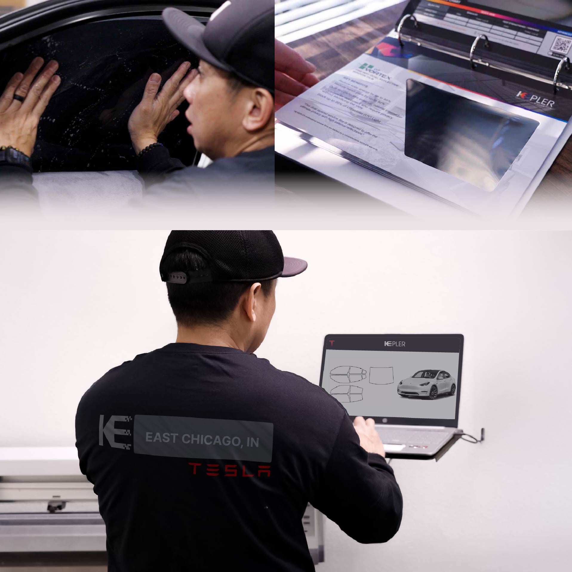 Expert Technician Installing Ceramic Window Tint to Tesla in East Chicago