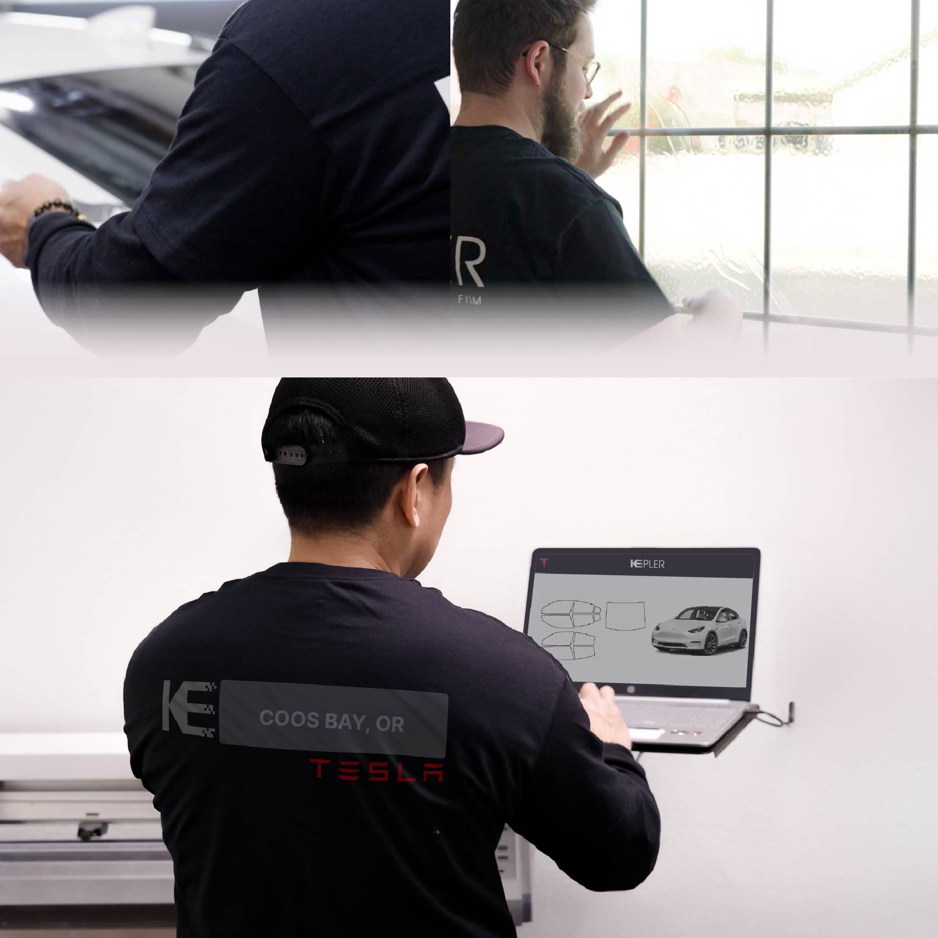 Expert Technician Installing High-tech Window Tint to Tesla in Coos Bay