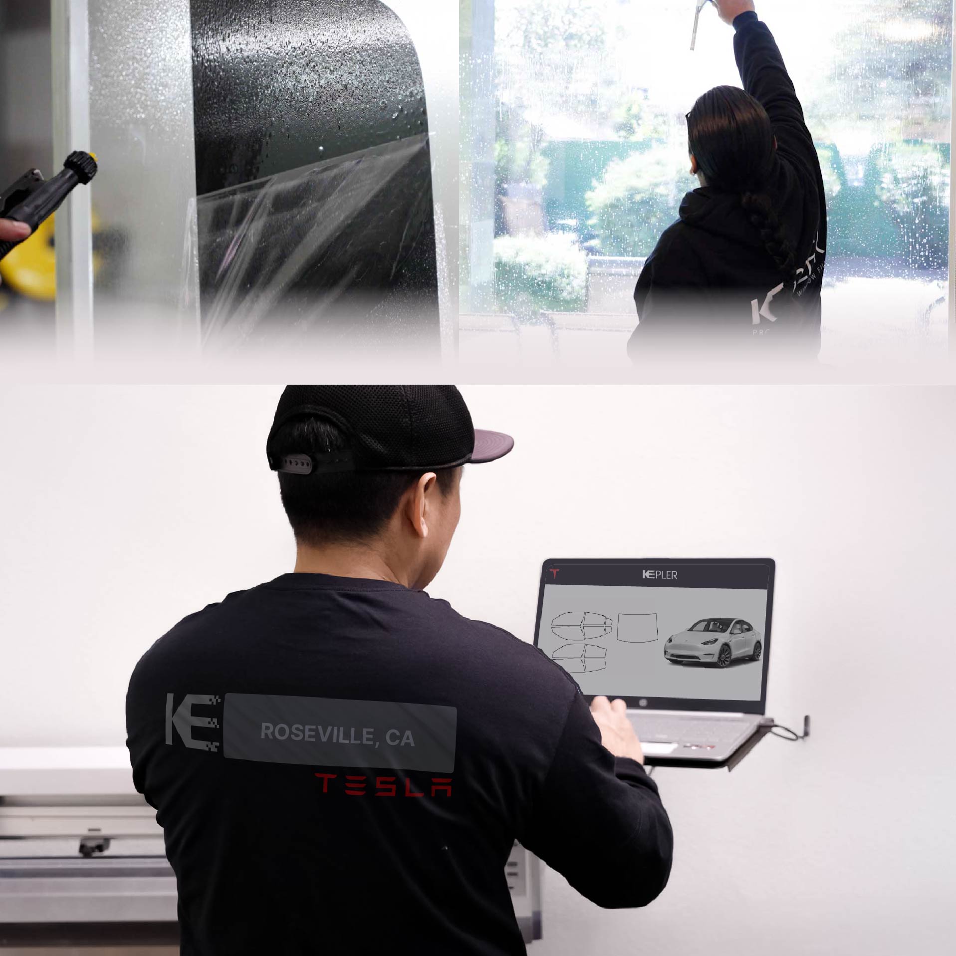 Expert Technician Applying High-tech Window Tint to Tesla in Roseville