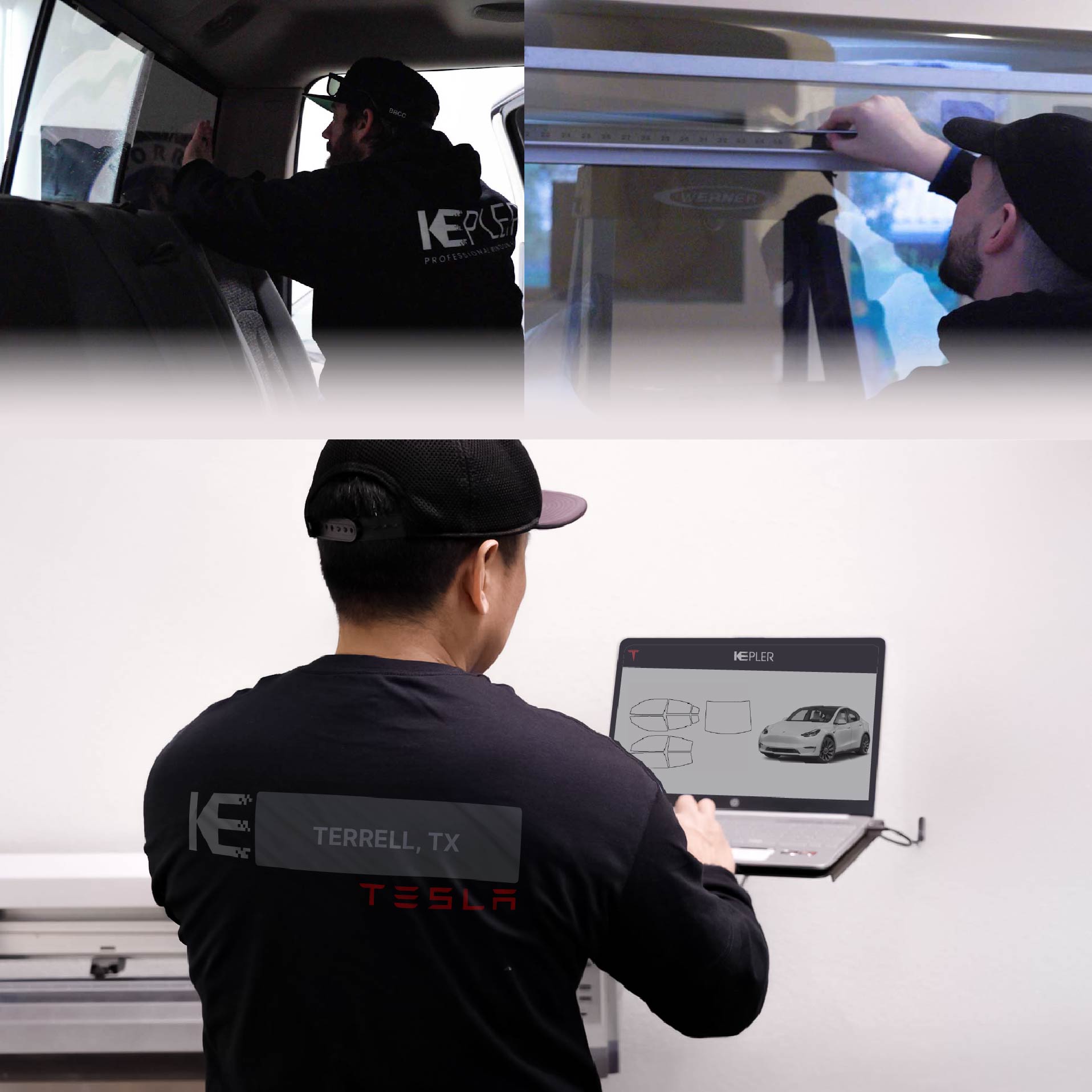 Kepler Technician Applying Advanced Window Tint to Tesla in Terrell