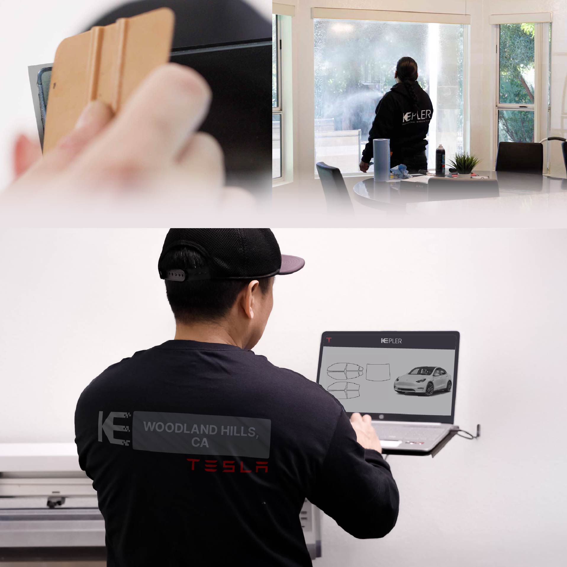 Expert Technician Fitting Ceramic Window Tint to Tesla in Woodland Hills