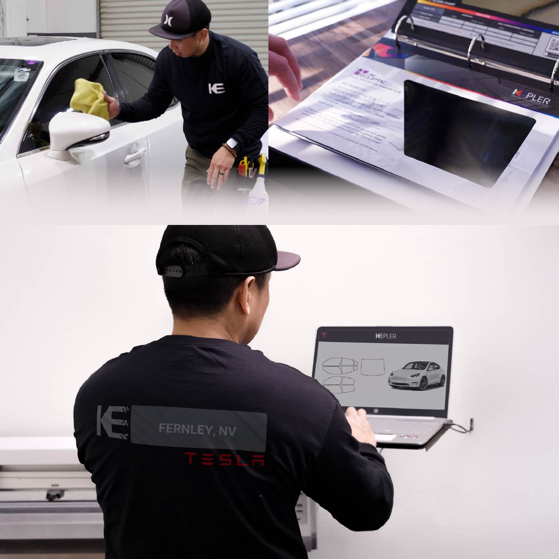 Kepler Technician Applying Advanced Window Tint to Tesla in Fernley