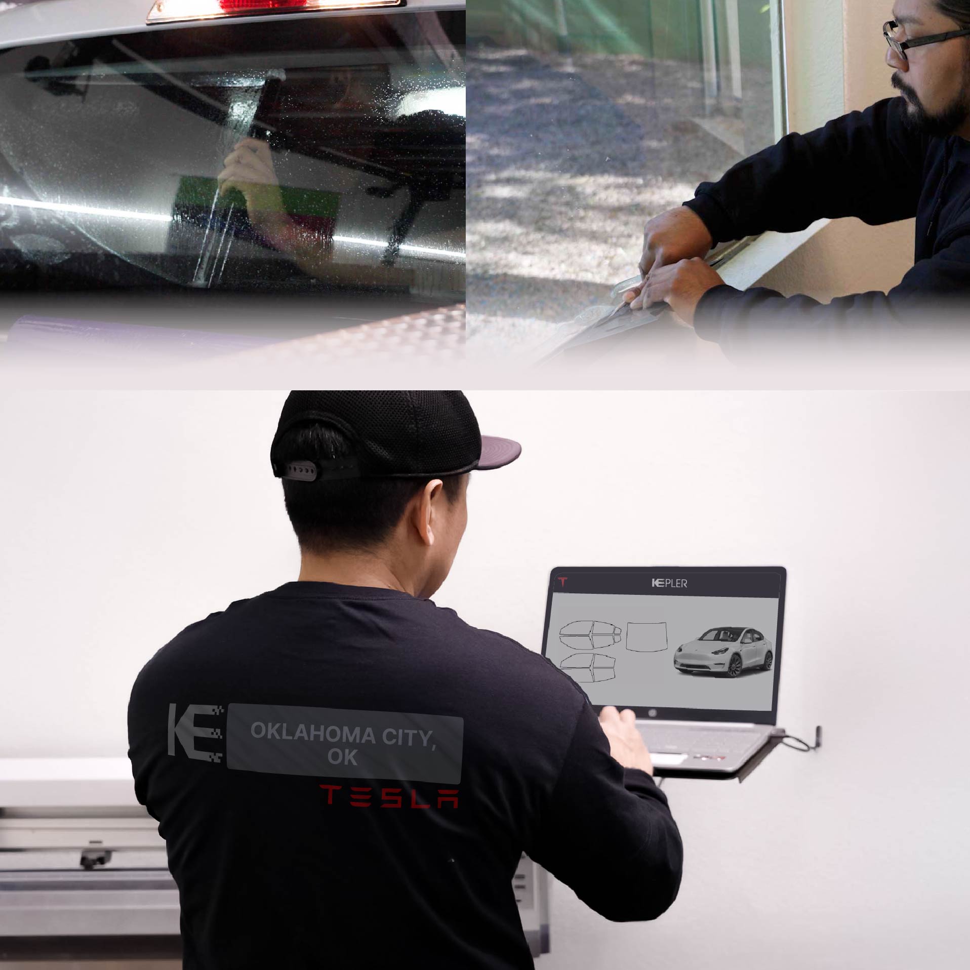 Kepler Technician Fitting Advanced Window Tint to Tesla in Oklahoma City