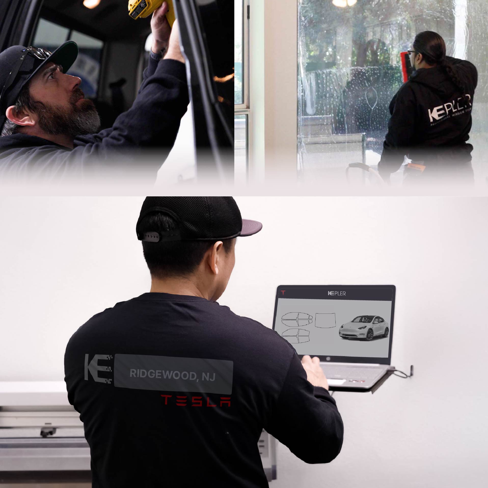 Expert Technician Fitting Advanced Window Tint to Tesla in Ridgewood