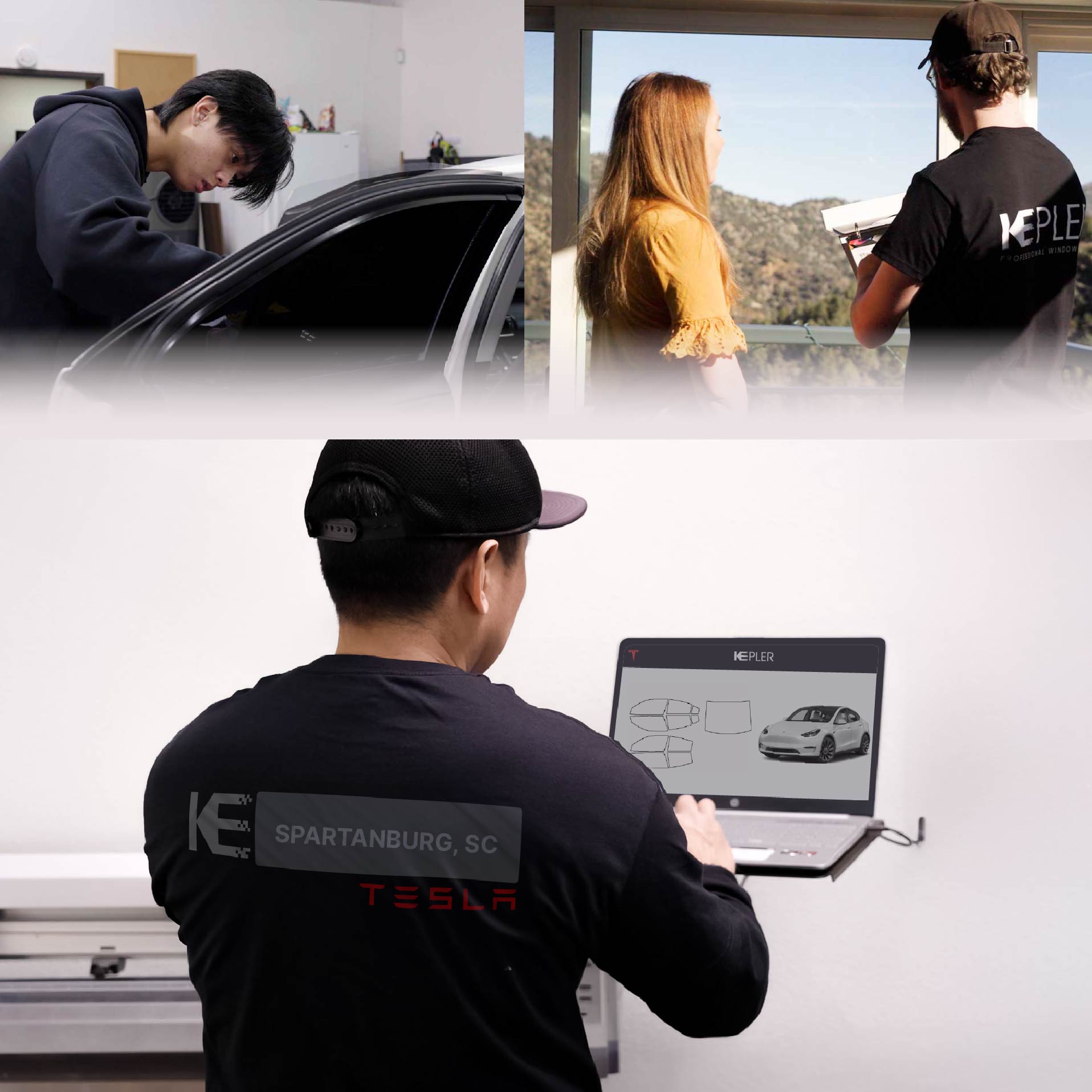 Expert Technician Fitting Ceramic Window Tint to Tesla in Spartanburg