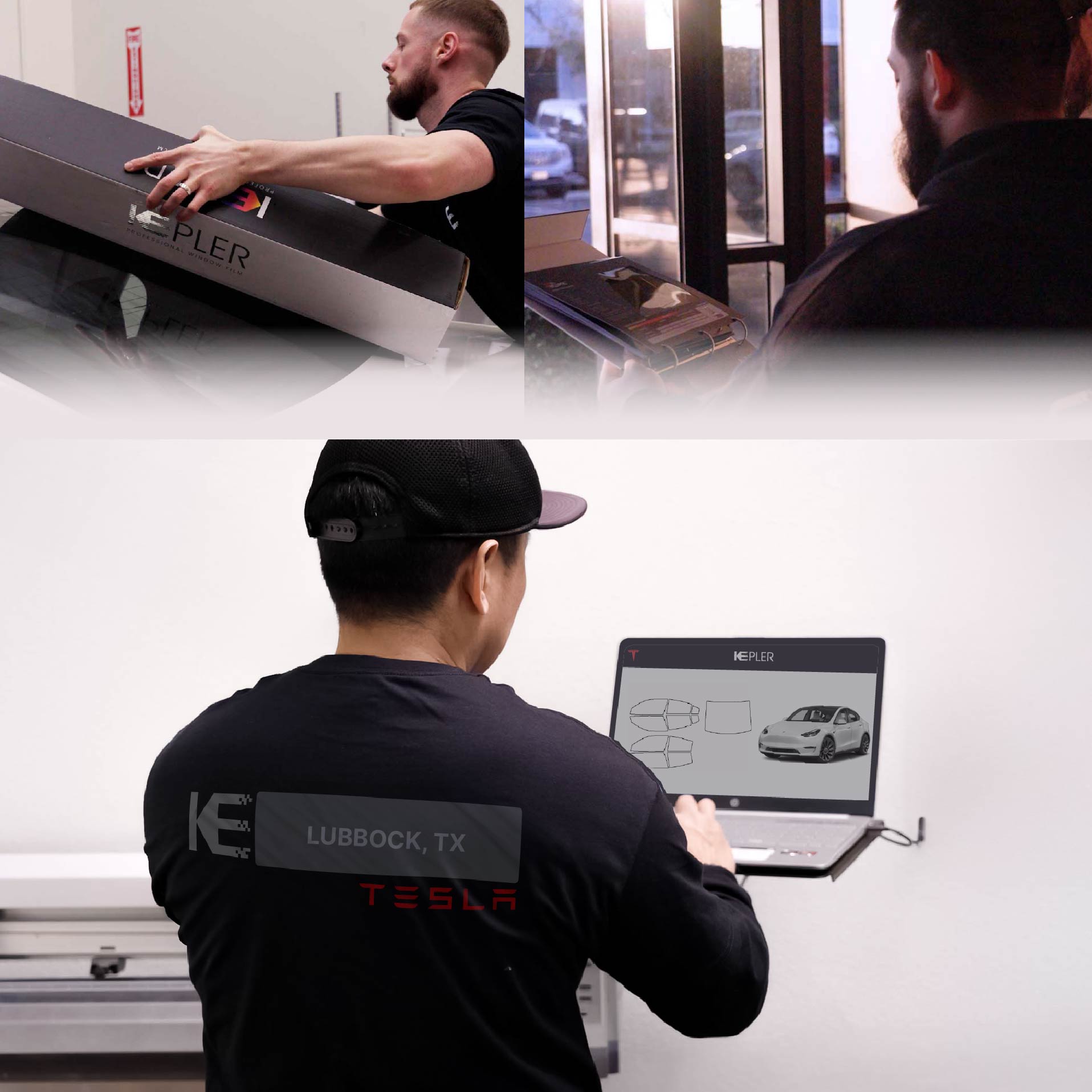 Kepler Technician Applying Ceramic Window Tint to Tesla in Lubbock