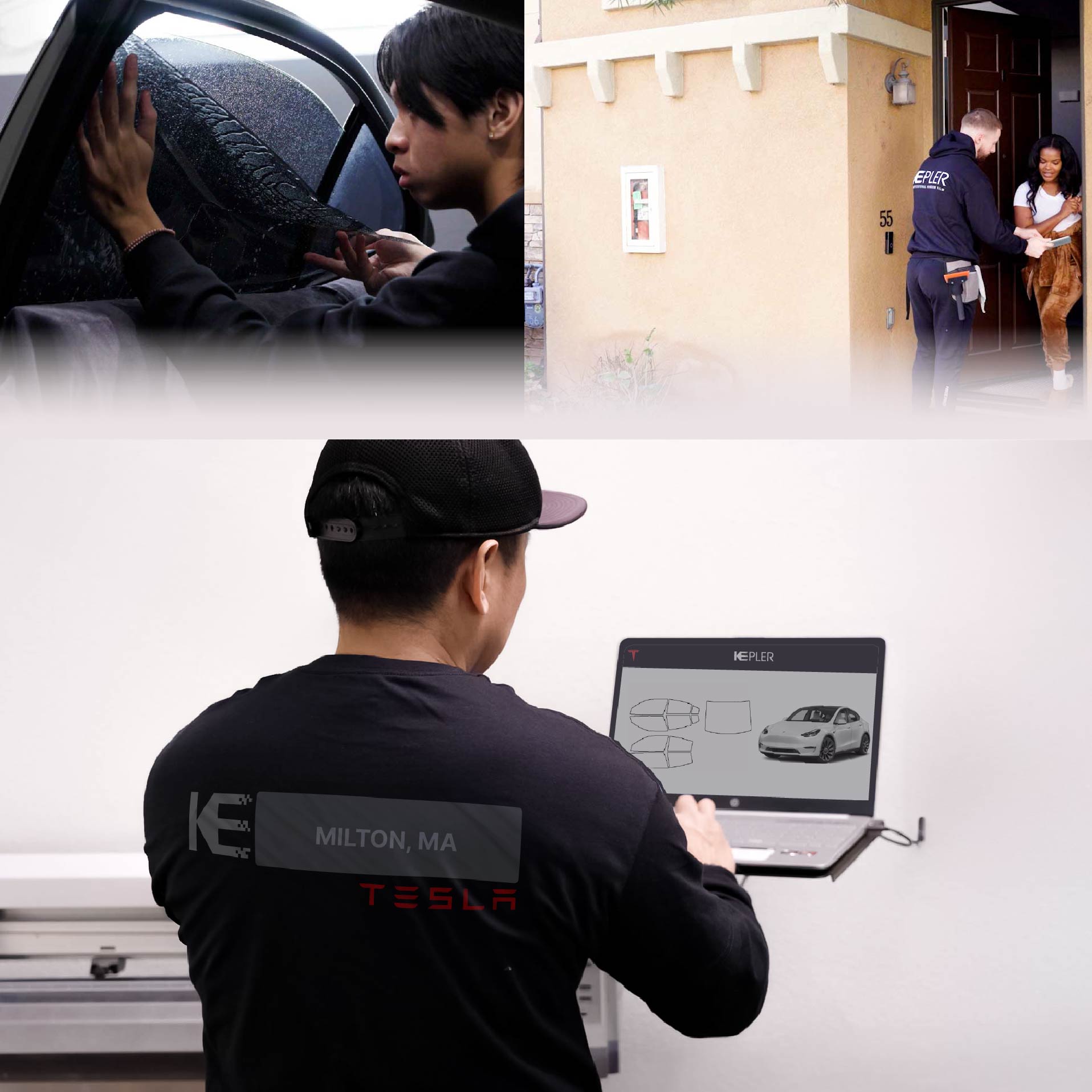 Kepler Technician Installing Advanced Window Tint to Tesla in Milton